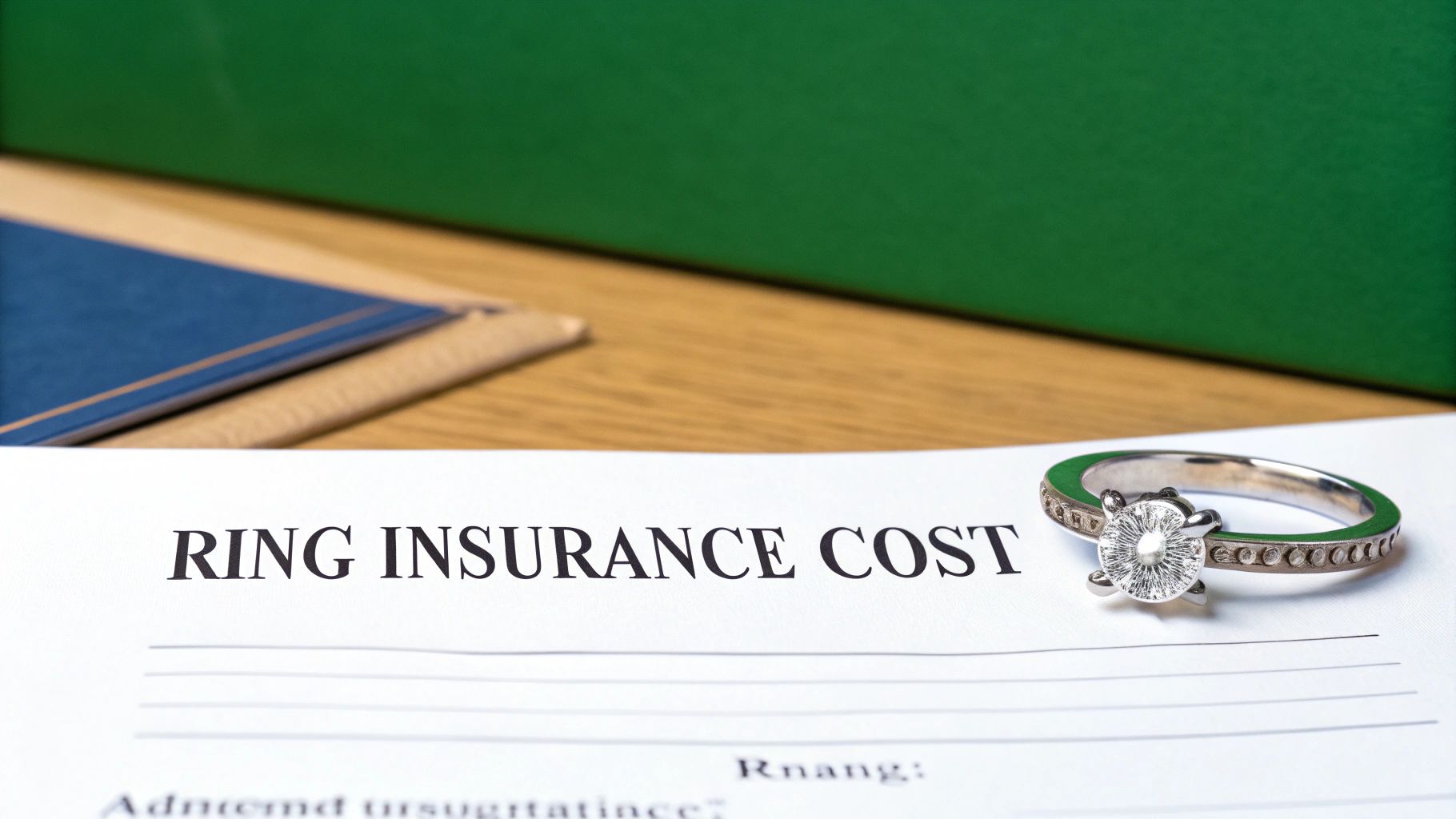 A silver diamond engagement ring rests on a document titled 'RING INSURANCE COST' on a wooden desk.