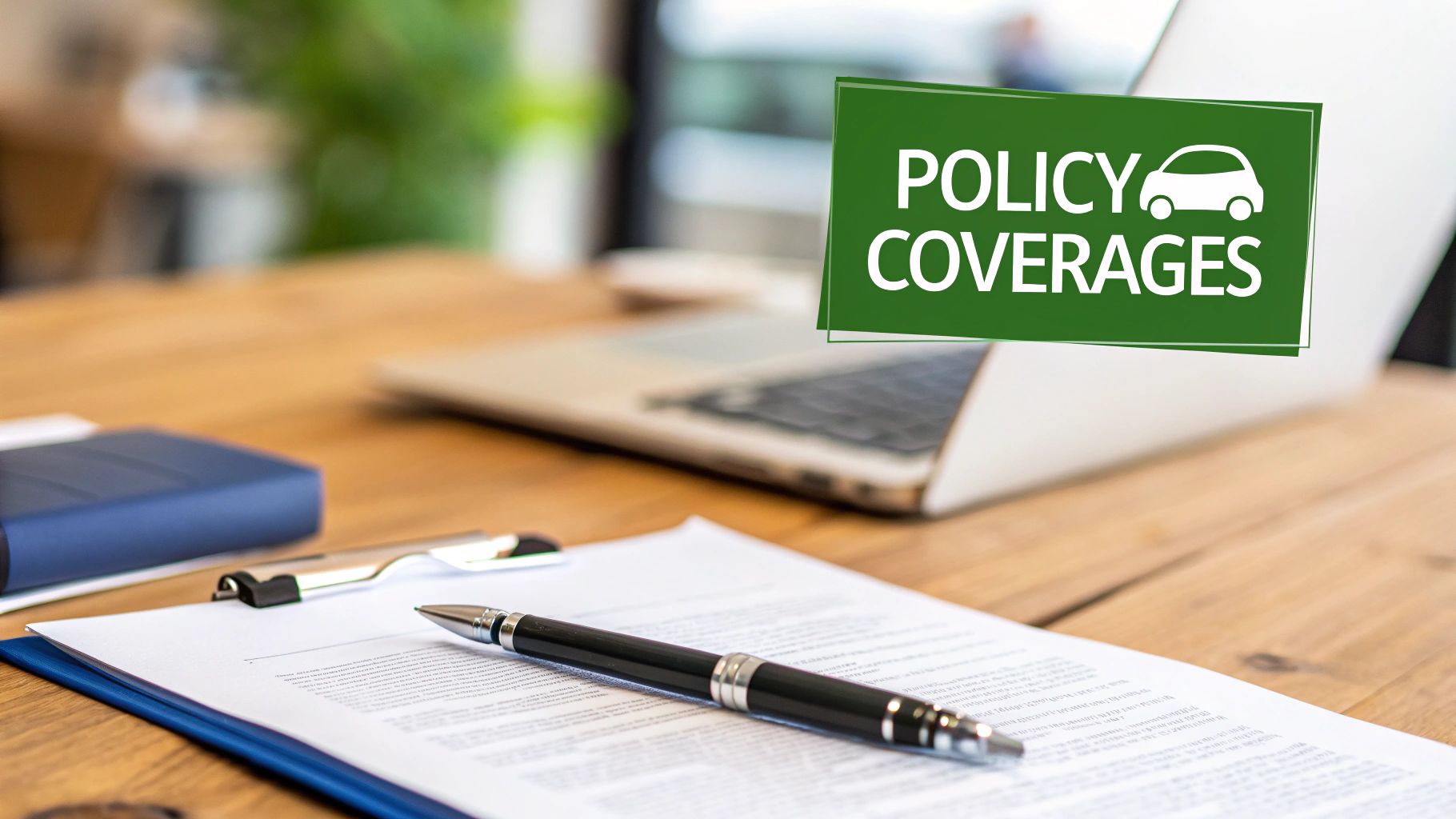 A close-up of a commercial auto insurance policy document with a pen resting on top, ready for review.