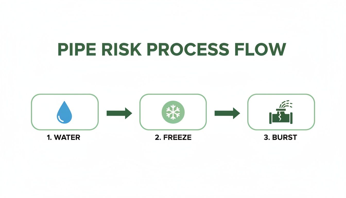 Flowchart showing water freezing, then expanding to cause a pipe to burst.