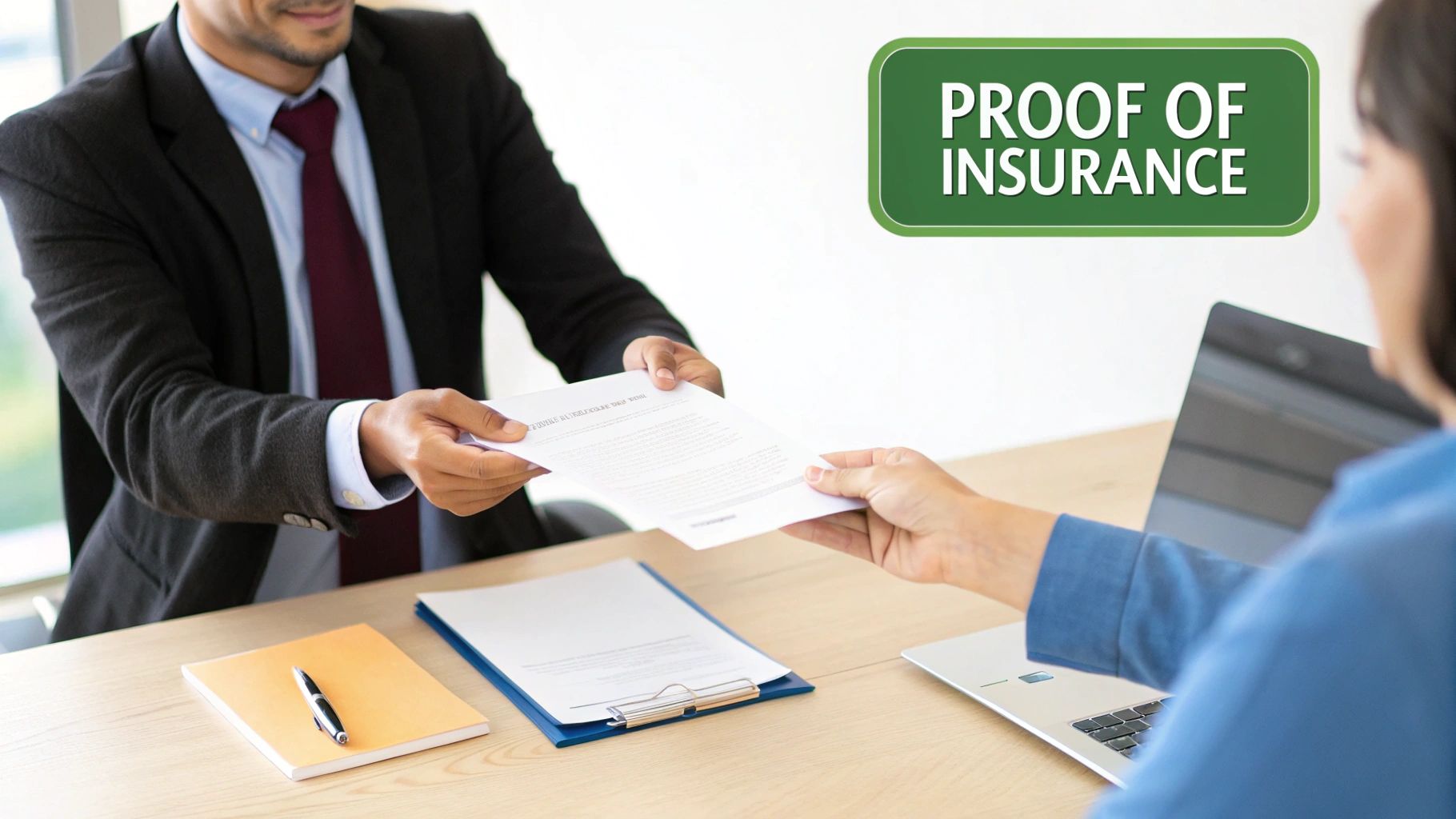 A man in a suit hands a "Proof of Insurance" document to a woman at a desk.