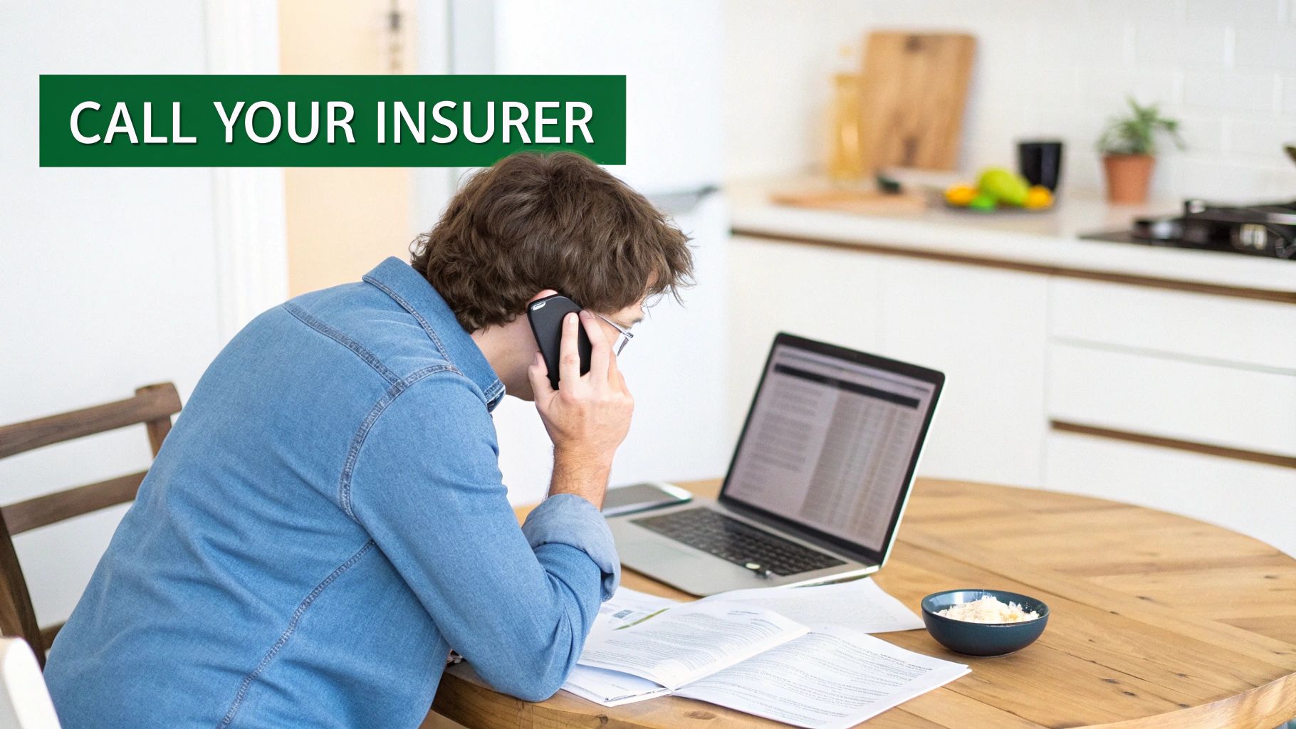 A man on the phone, working on a laptop with documents, with a "CALL YOUR INSURER" banner.