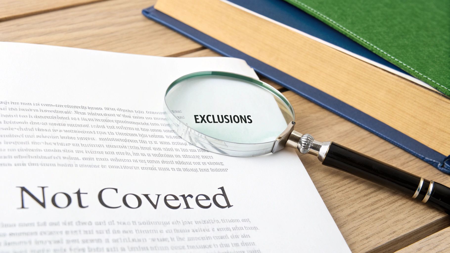 A magnifying glass highlights 'EXCLUSIONS' on a document also stating 'Not Covered', with books in the background.