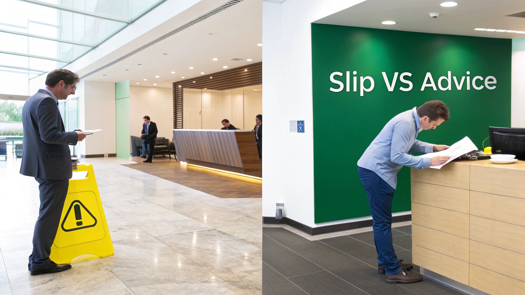 Split image shows a man by a wet floor sign and another by a wall saying 'Slip VS Advice'.