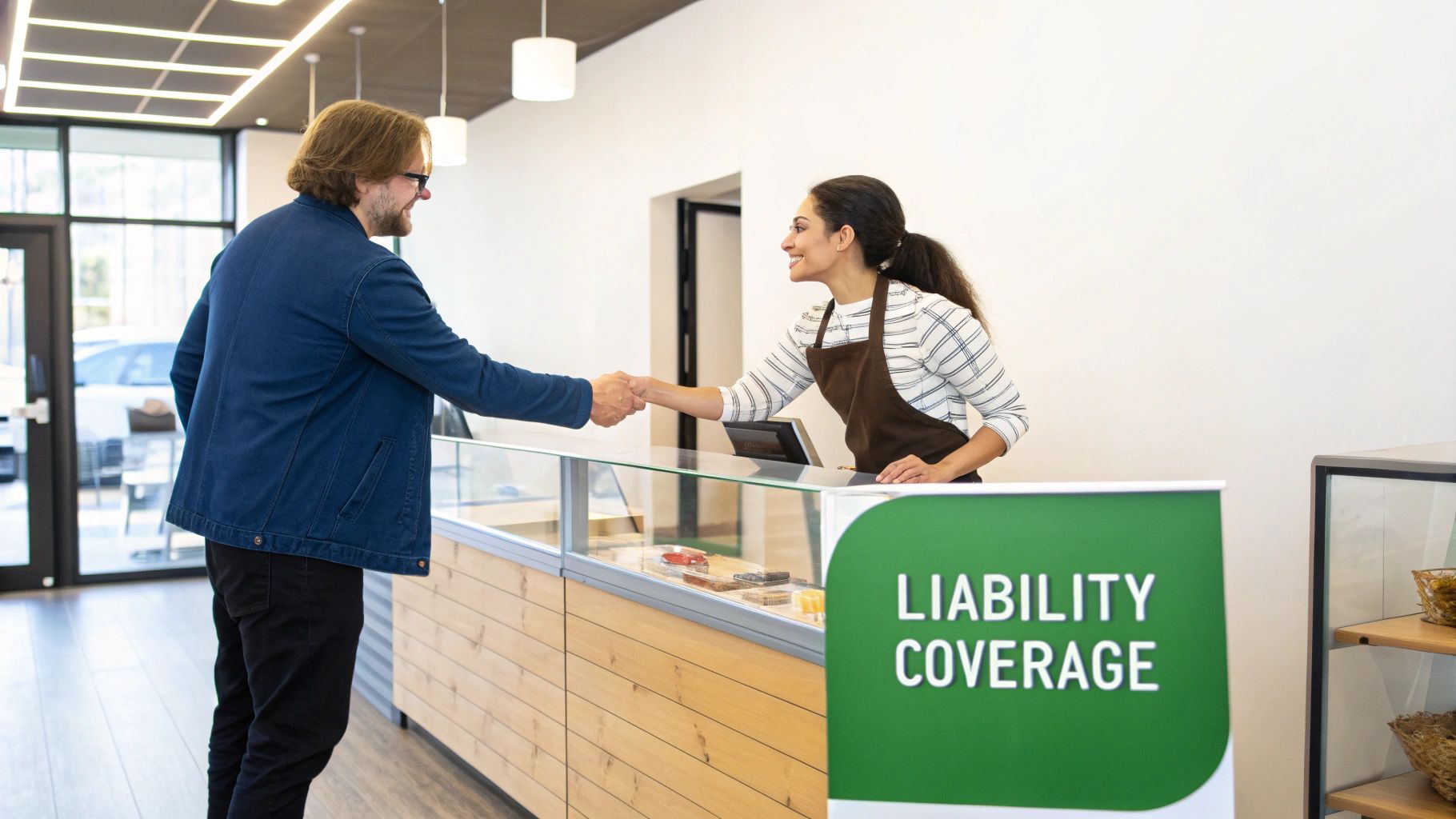 A man and a woman shake hands over a counter in a modern store with a 'Liability Coverage' sign.