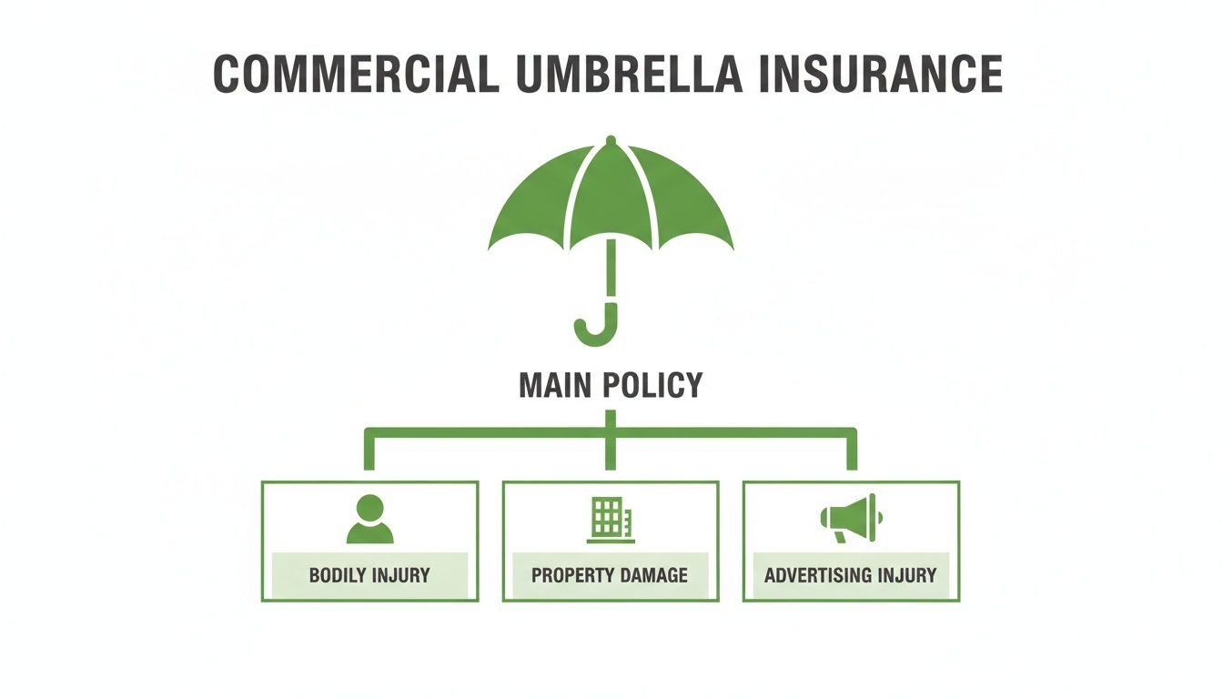 A diagram illustrating commercial umbrella insurance, showing it covers bodily injury, property damage, and advertising injury.