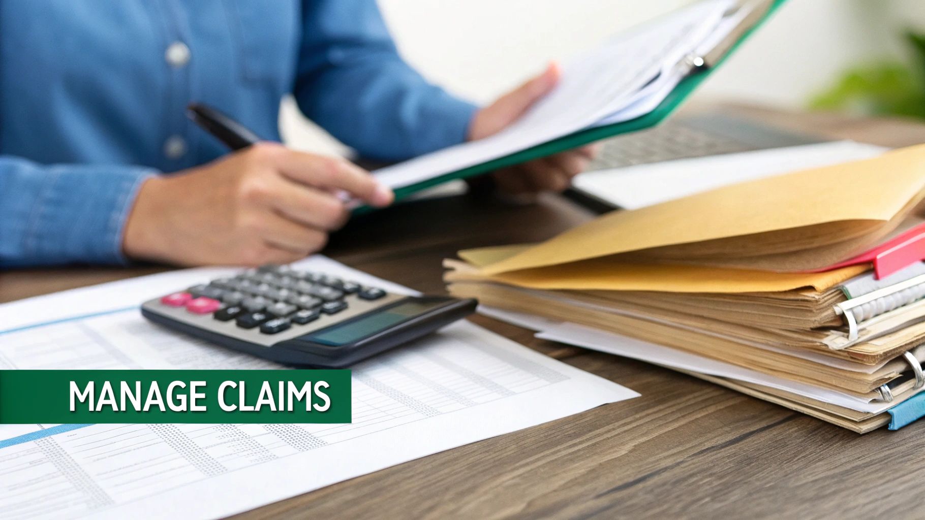 Person managing claims, reviewing documents with a calculator and files on a desk.
