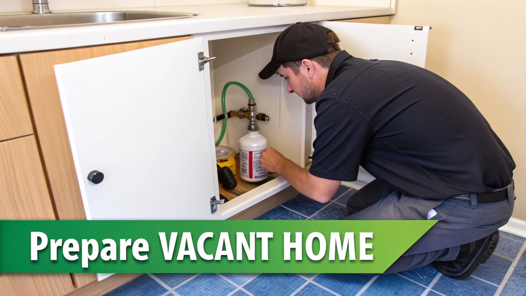 A man inspects plumbing under a sink, preparing a vacant home for maintenance or winterization.