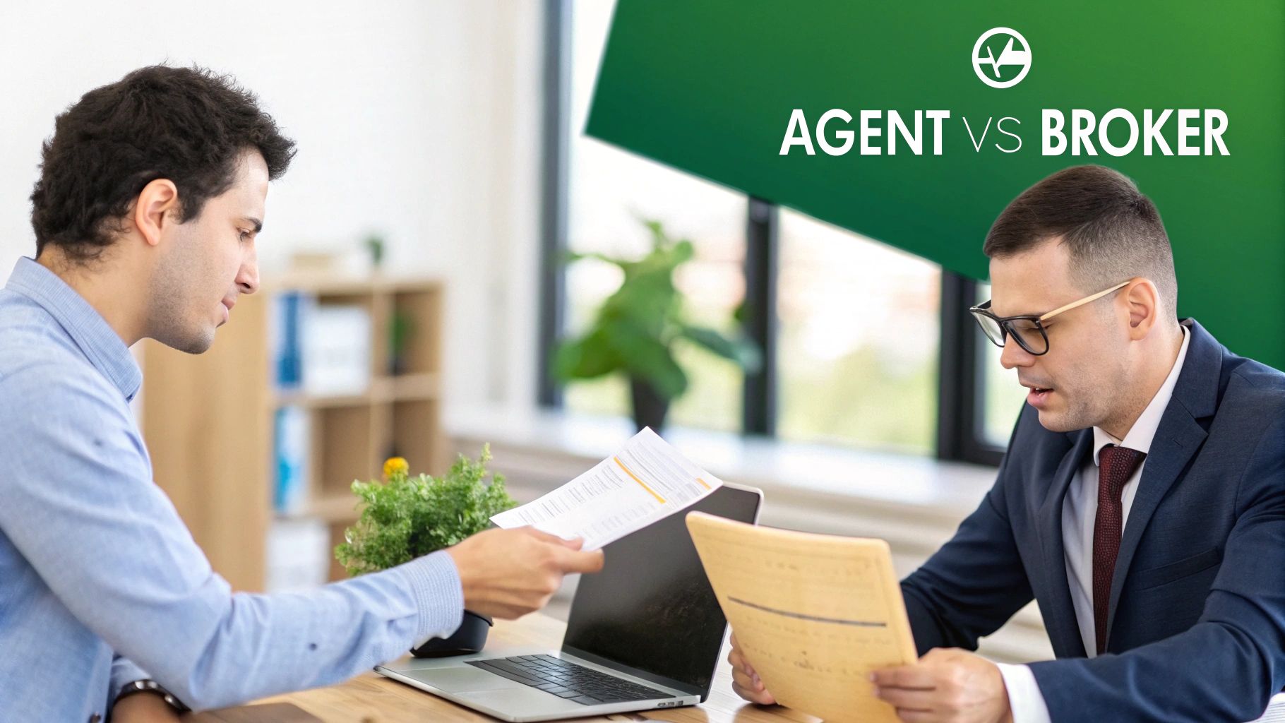 Two men, one in a suit, review documents at a desk, illustrating agent vs broker roles.