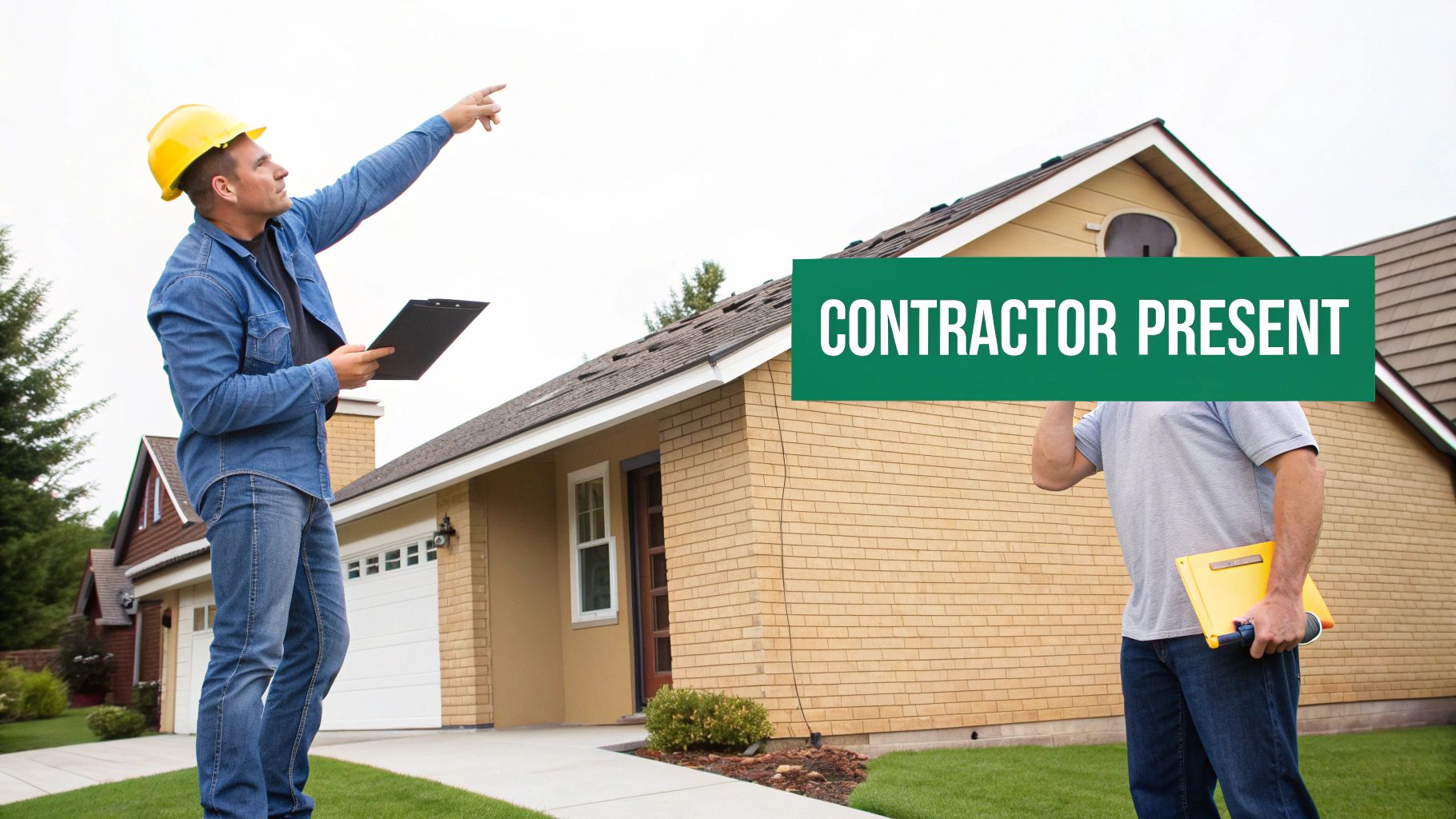 A contractor in a yellow hard hat points towards a house roof, holding a clipboard during an inspection.