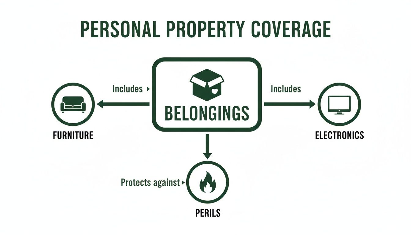 A diagram explaining personal property coverage, including furniture and electronics, and protection against perils.