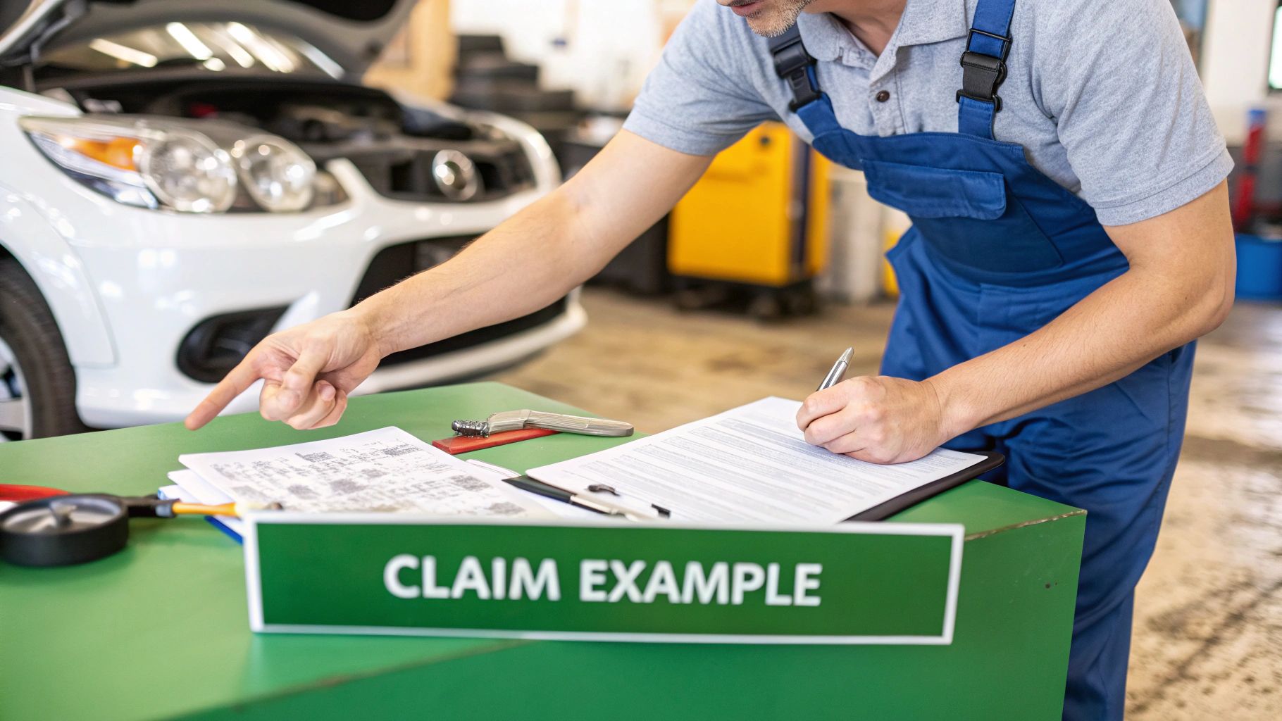 A car with minor front-end damage being inspected after an accident.