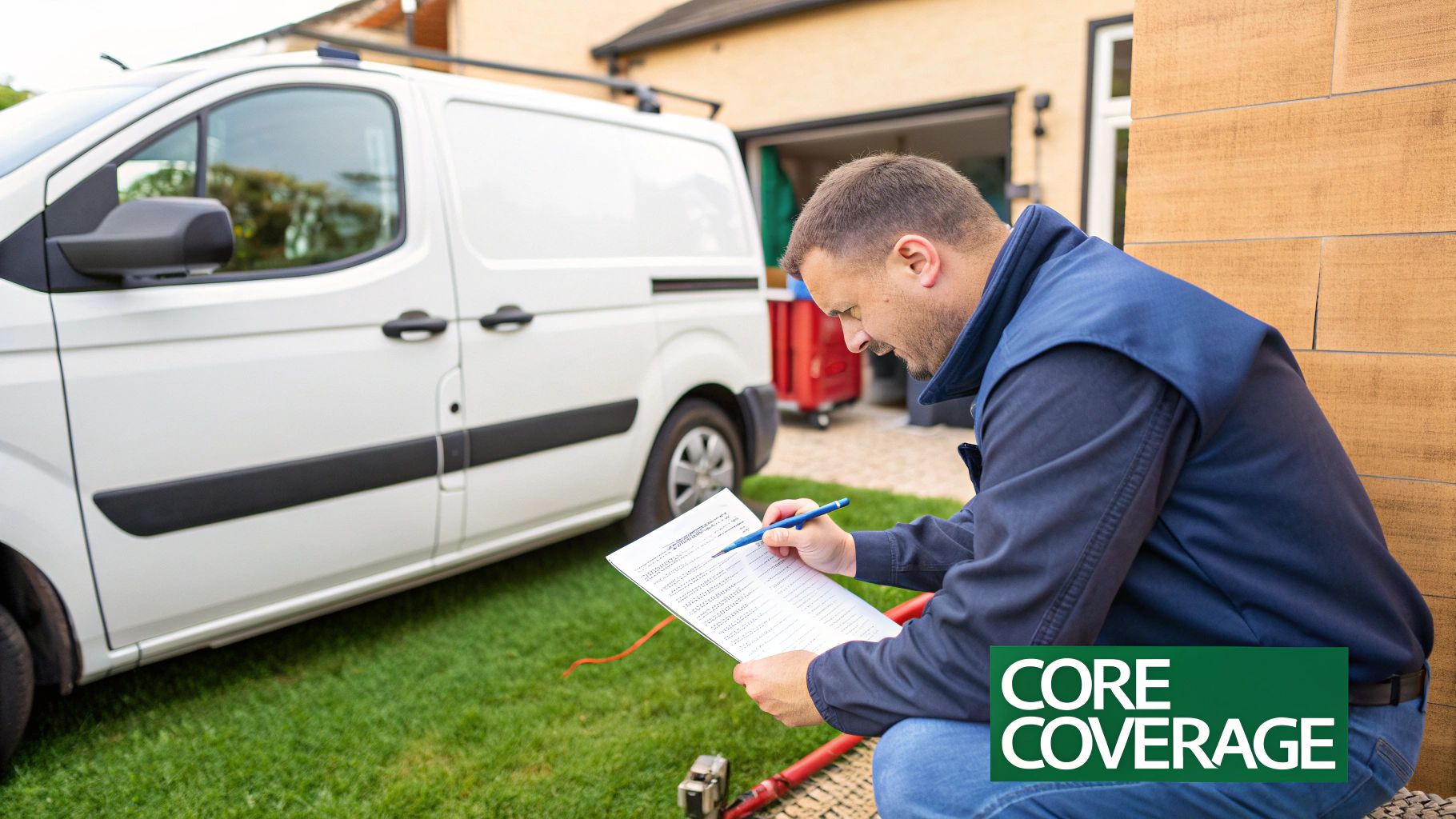Plumber working under a sink with tools nearby