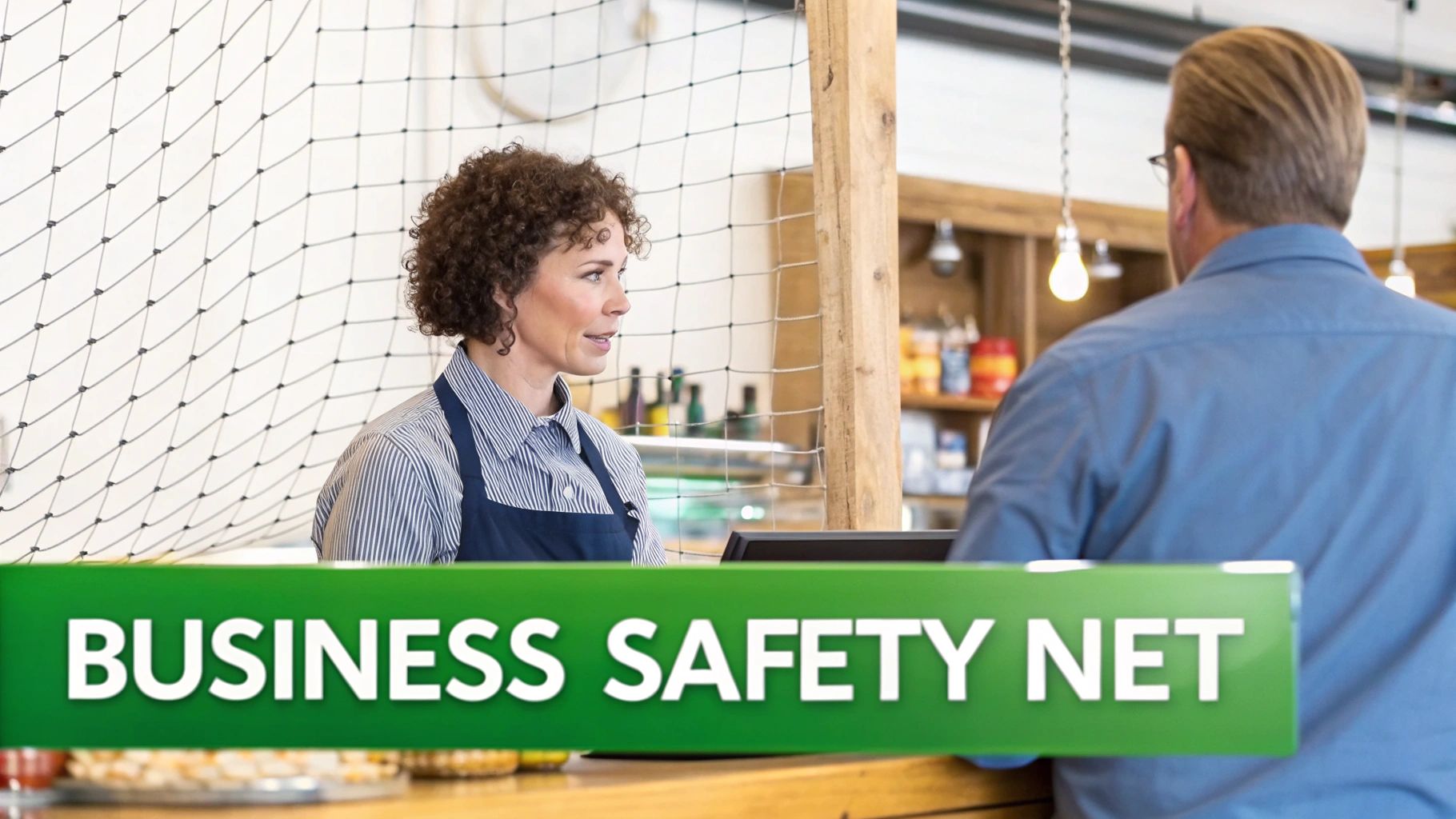 A female shop employee behind a counter with a protective safety net barrier, serving a male customer.