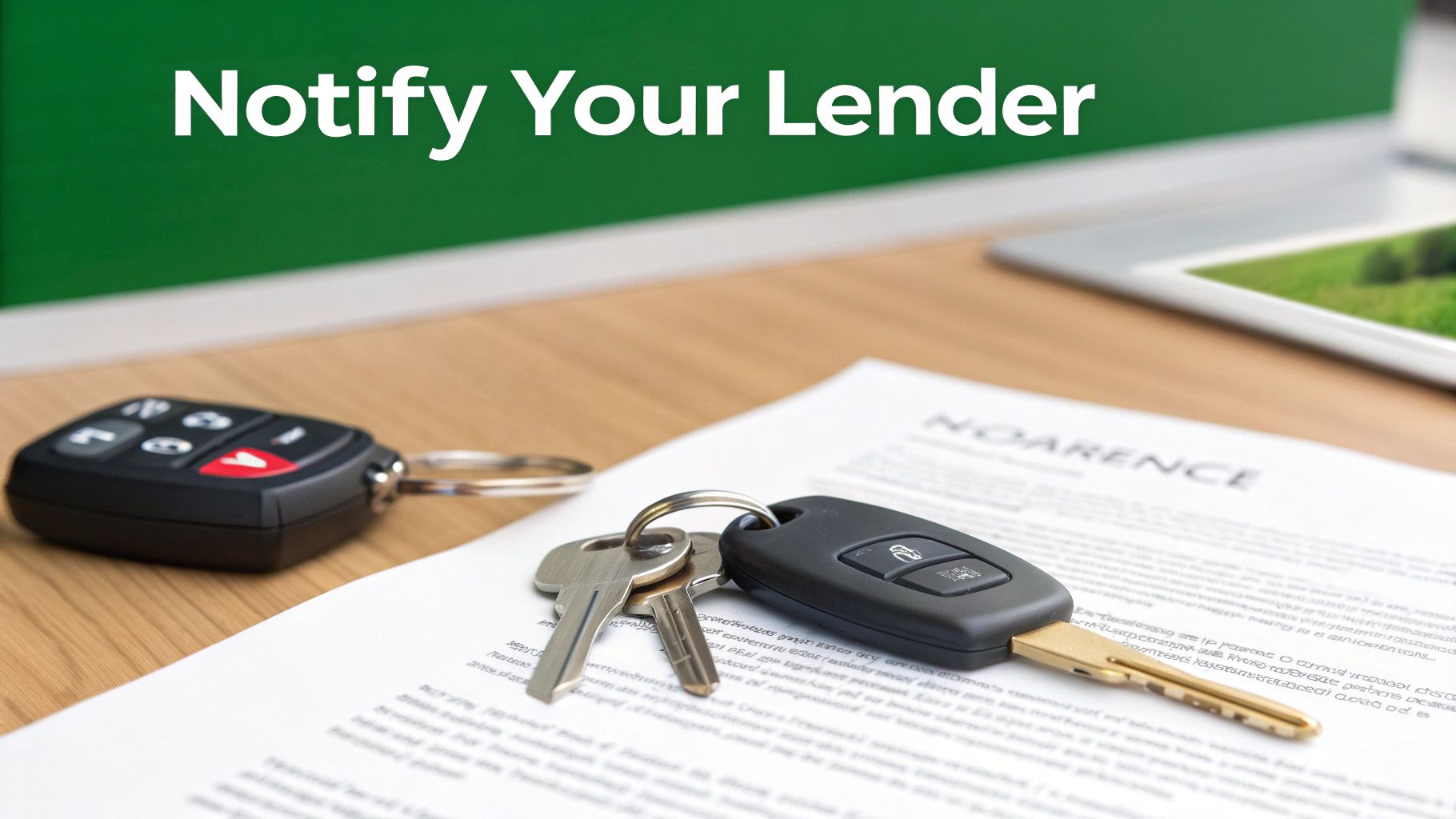 Car keys and a remote on a loan document, with a green background displaying 'Notify Your Lender'.