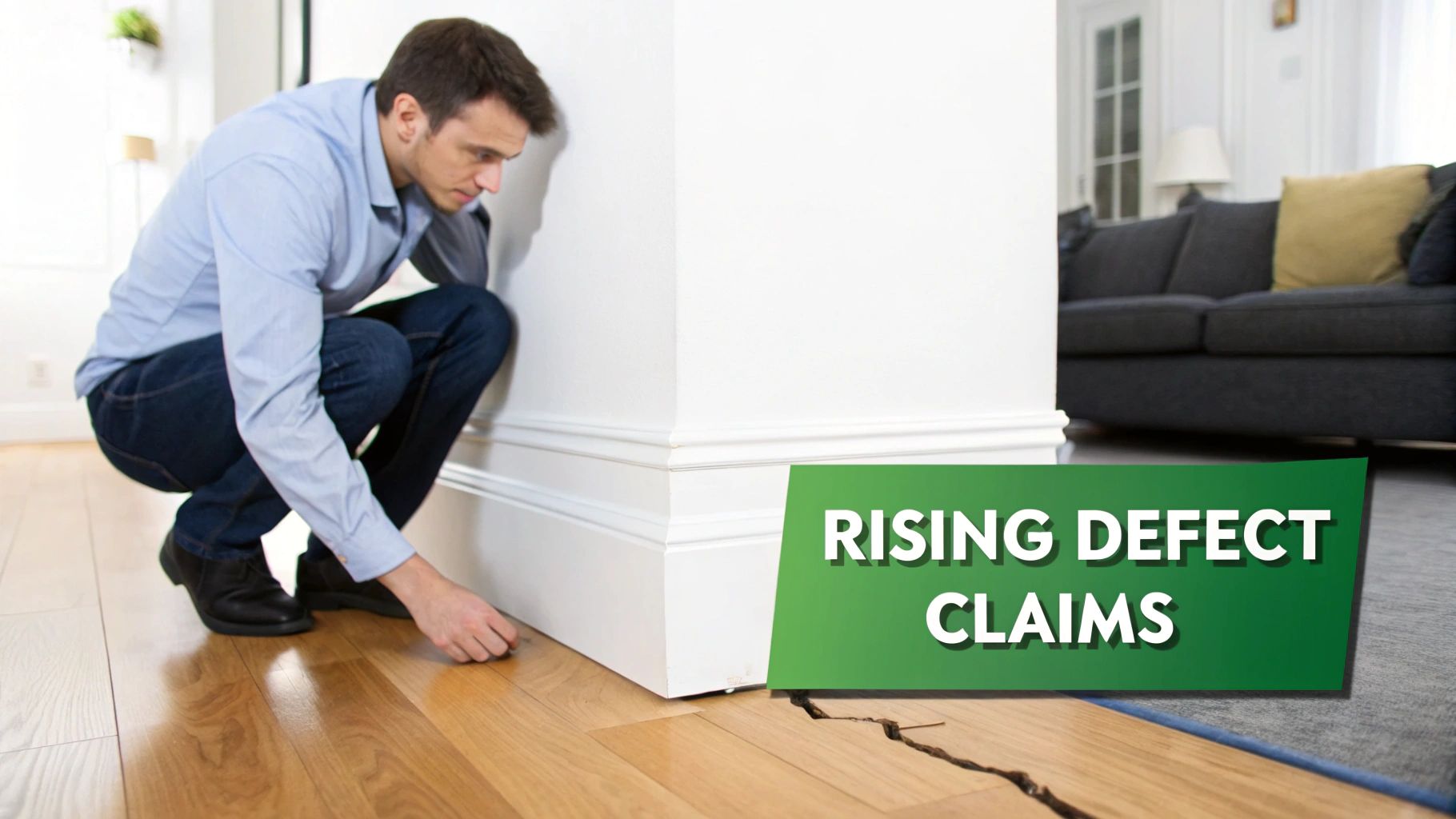 A man inspects a large crack in a wooden floor, with 'RISING DEFECT CLAIMS' text on a green banner.