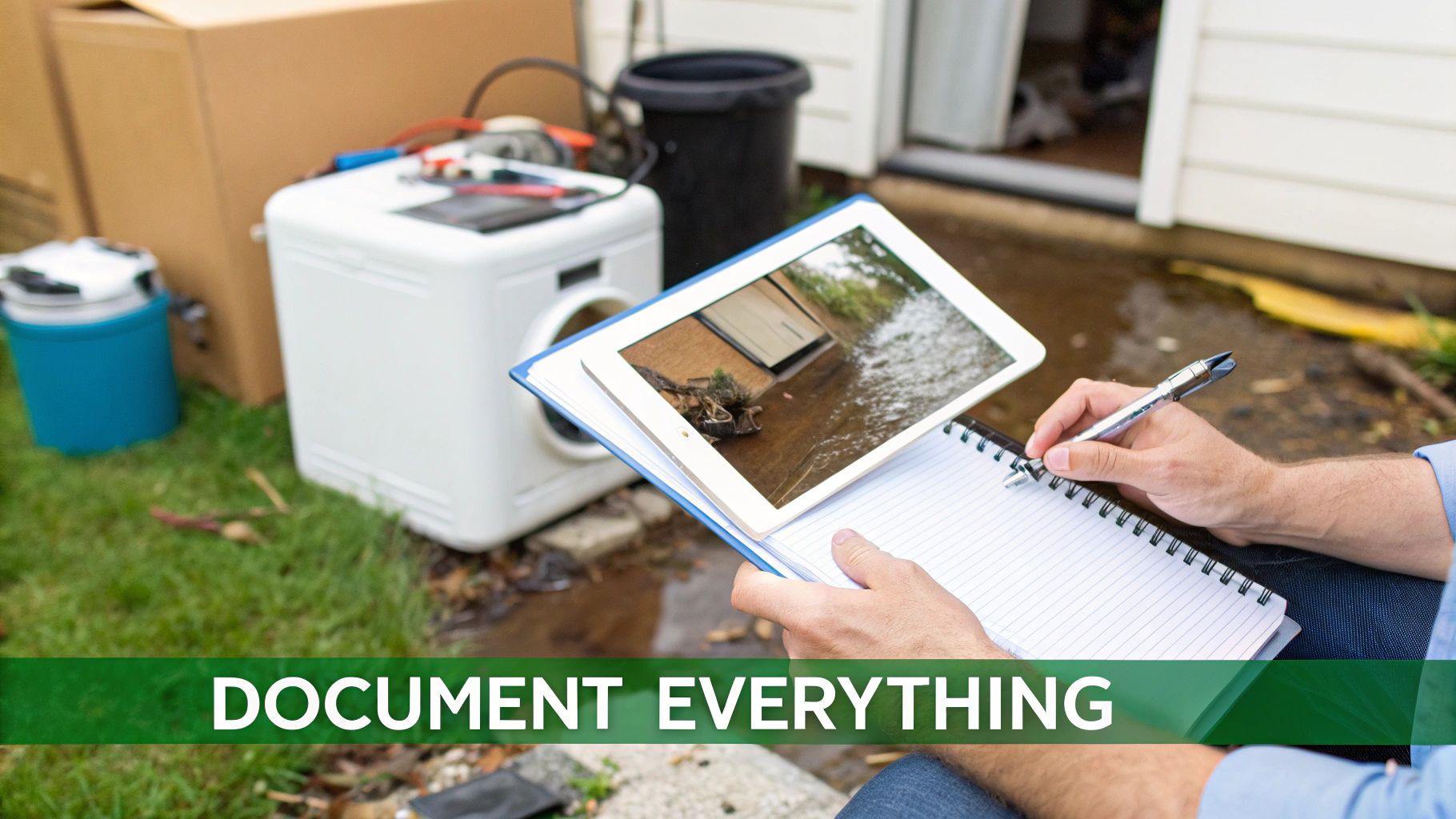 Person takes notes while looking at a tablet displaying water damage, documenting a scene for an insurance claim.