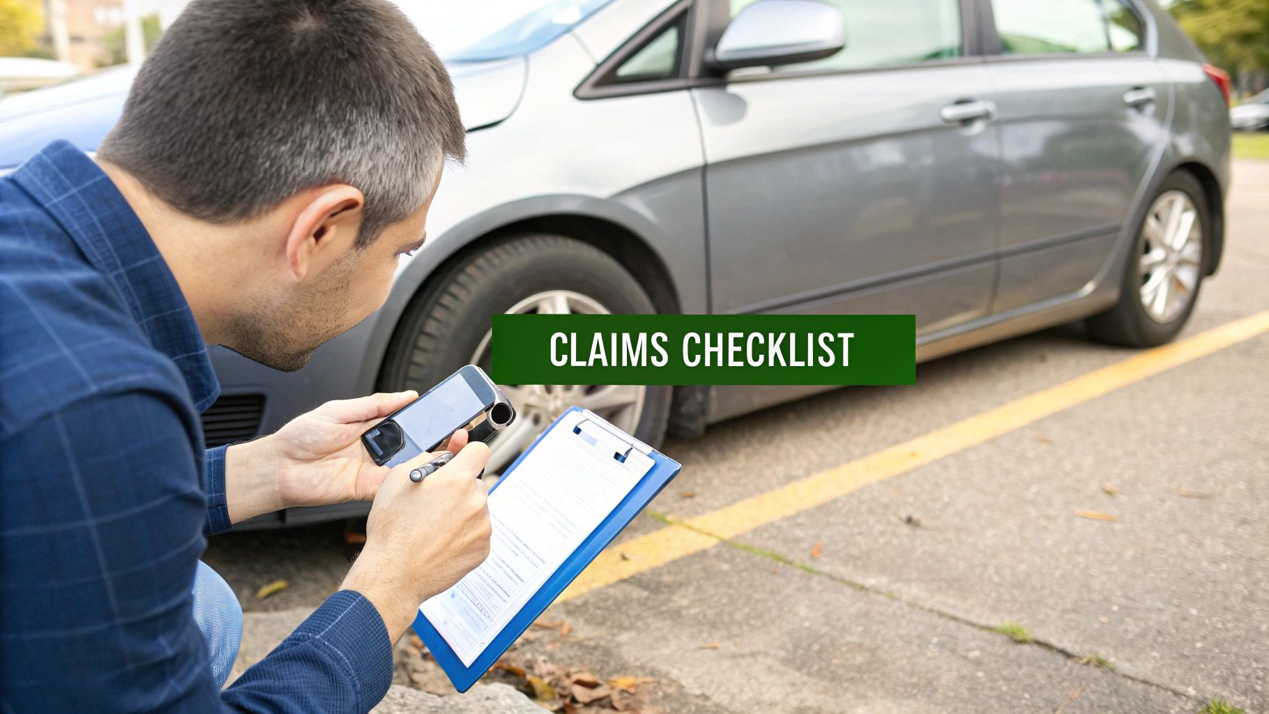Insurance adjuster documenting vehicle damage with claims checklist form for car rental business assessment