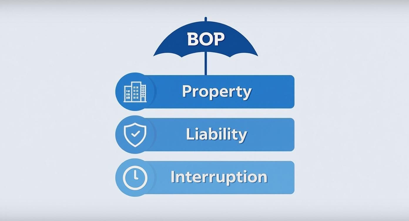 An infographic showing a BOP umbrella covering Property, Liability, and Interruption insurance.