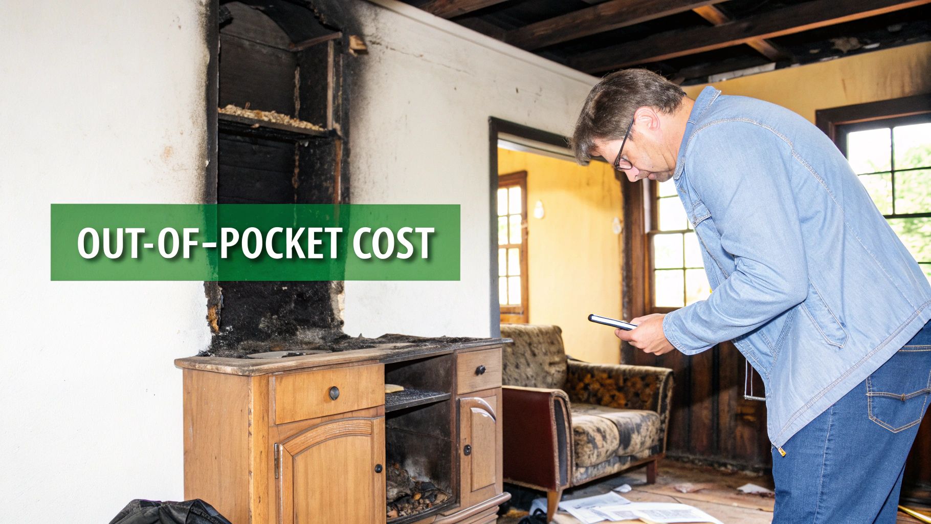A family looking at the charred remains of their home after a fire.