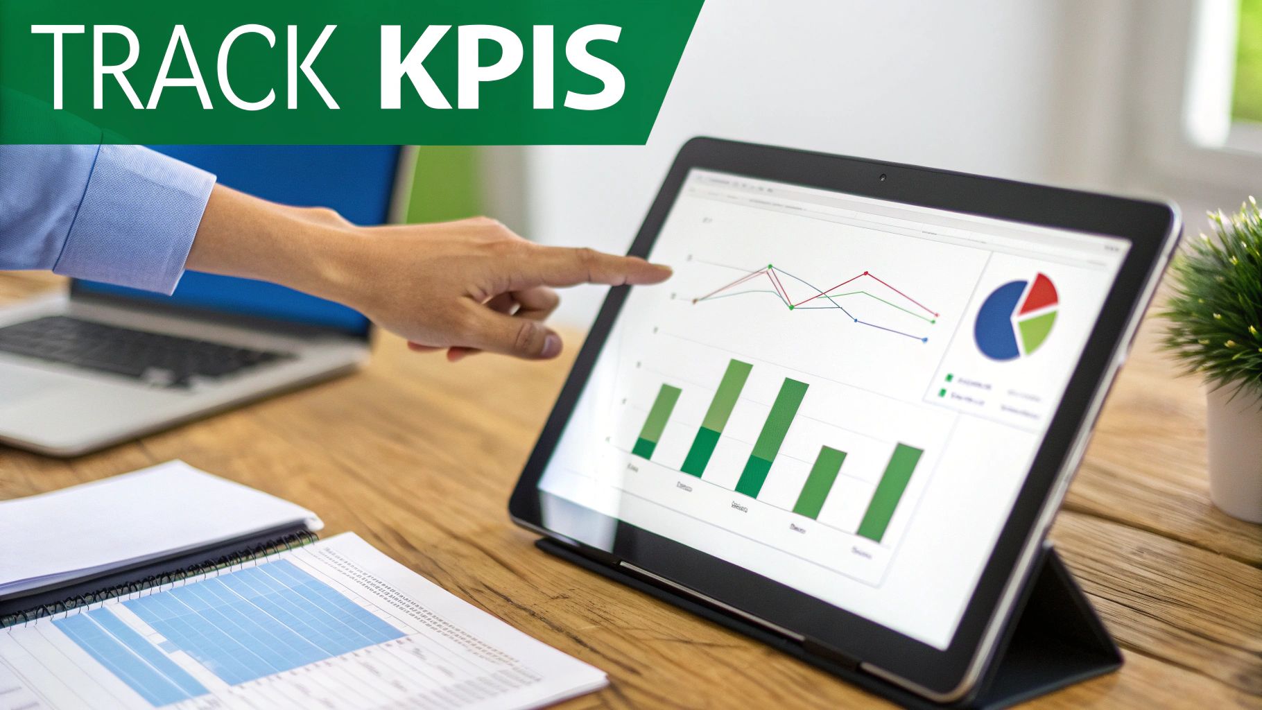 A person tracking KPIs and financial data on a tablet, surrounded by a laptop and notebook on a wooden desk.