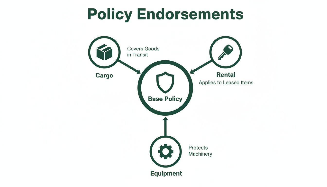 Policy endorsements diagram showing Cargo, Rental, and Equipment options for a Base Policy.