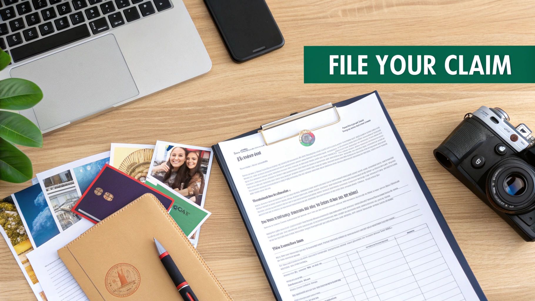 A top-down view of a wooden desk with a laptop, camera, travel photos, and documents, featuring text 'FILE YOUR CLAIM'.