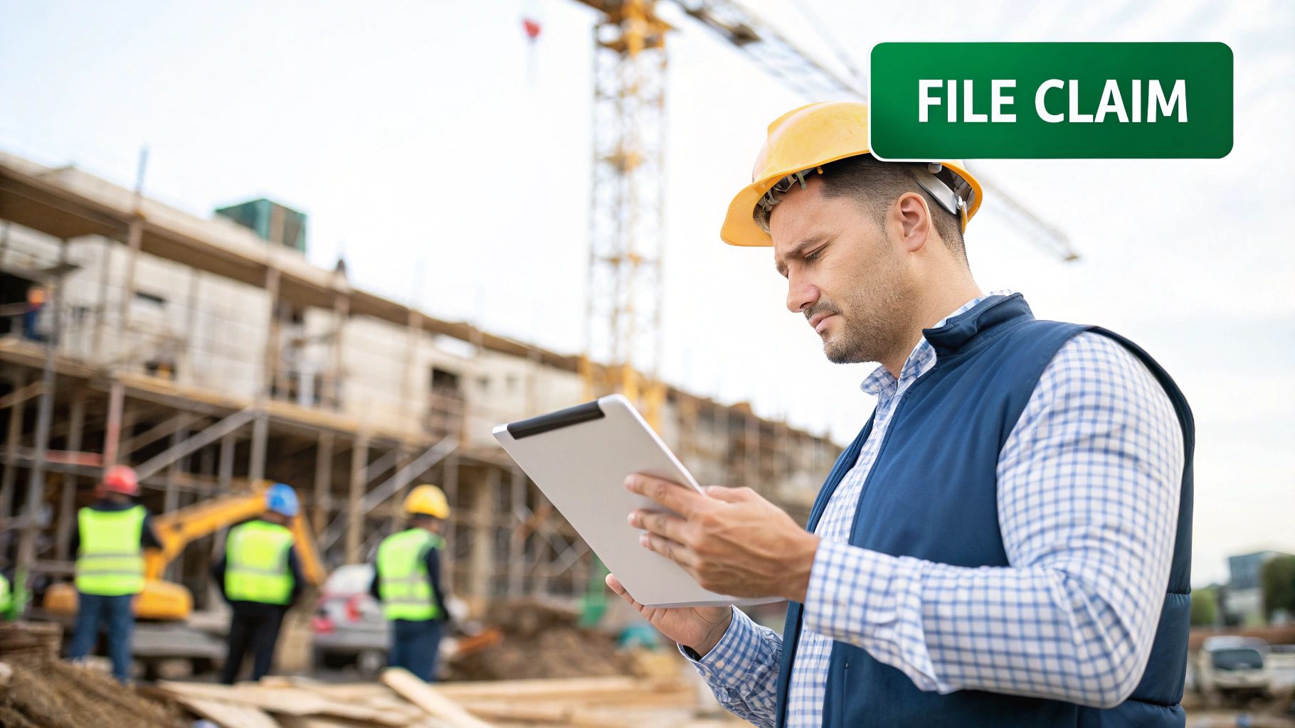 Workers reviewing blueprints on a construction site, strategizing on costs.