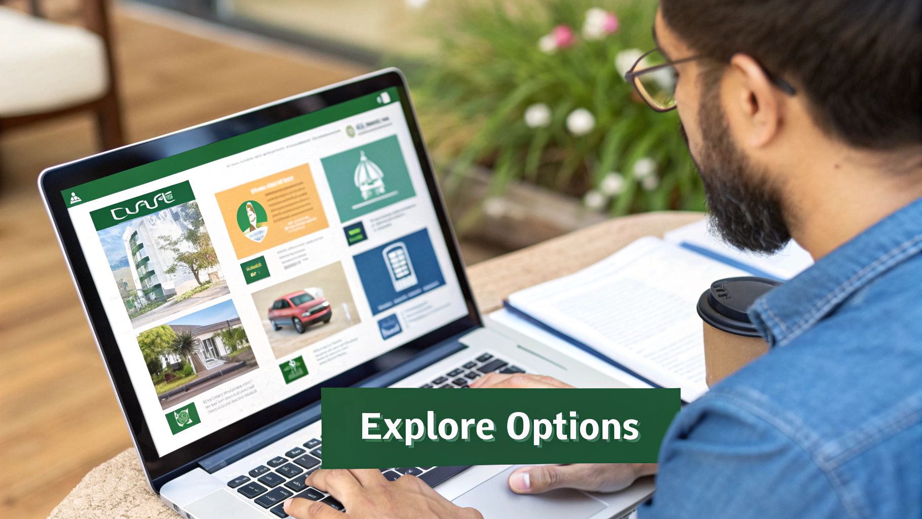 A person comparing insurance documents on a laptop, with a calculator and notepad nearby.