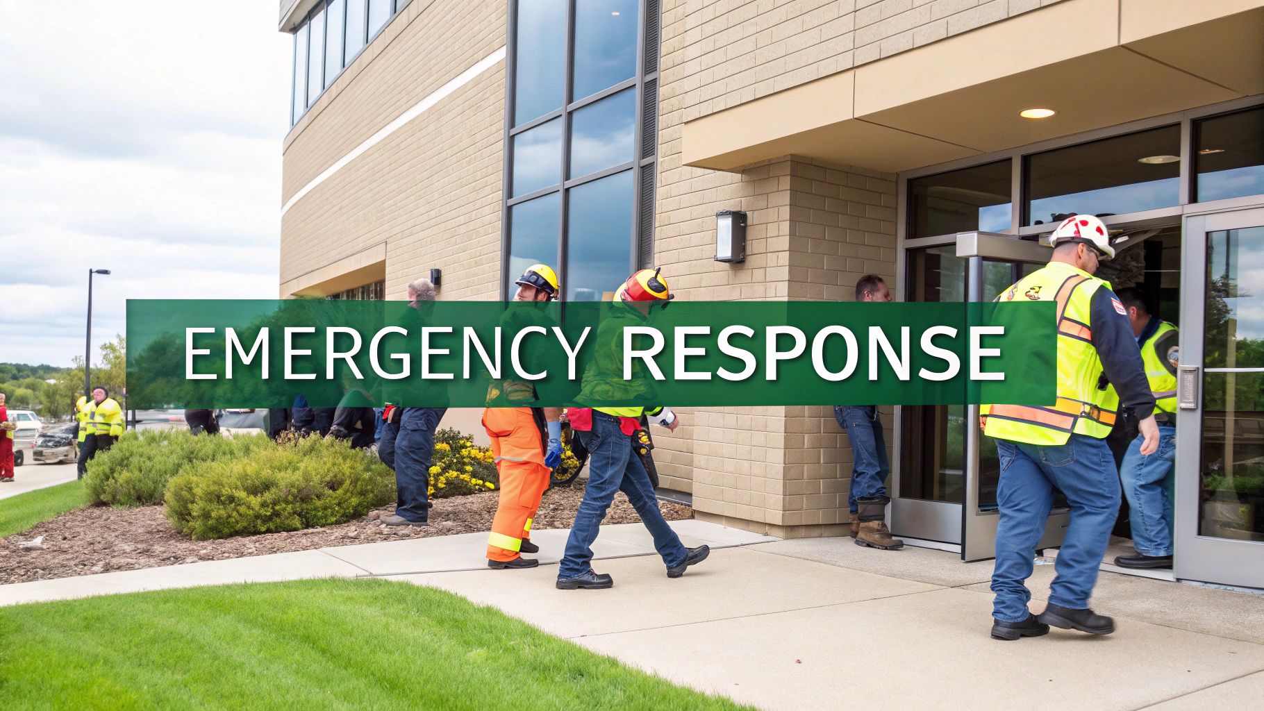 Emergency Response Procedures checklist on a clipboard with a hard hat and safety vest.