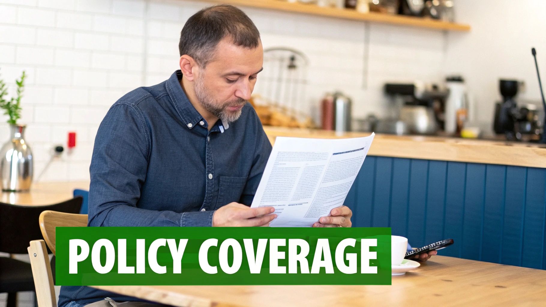 A man with a beard in a denim shirt reads a policy document at a wooden table.