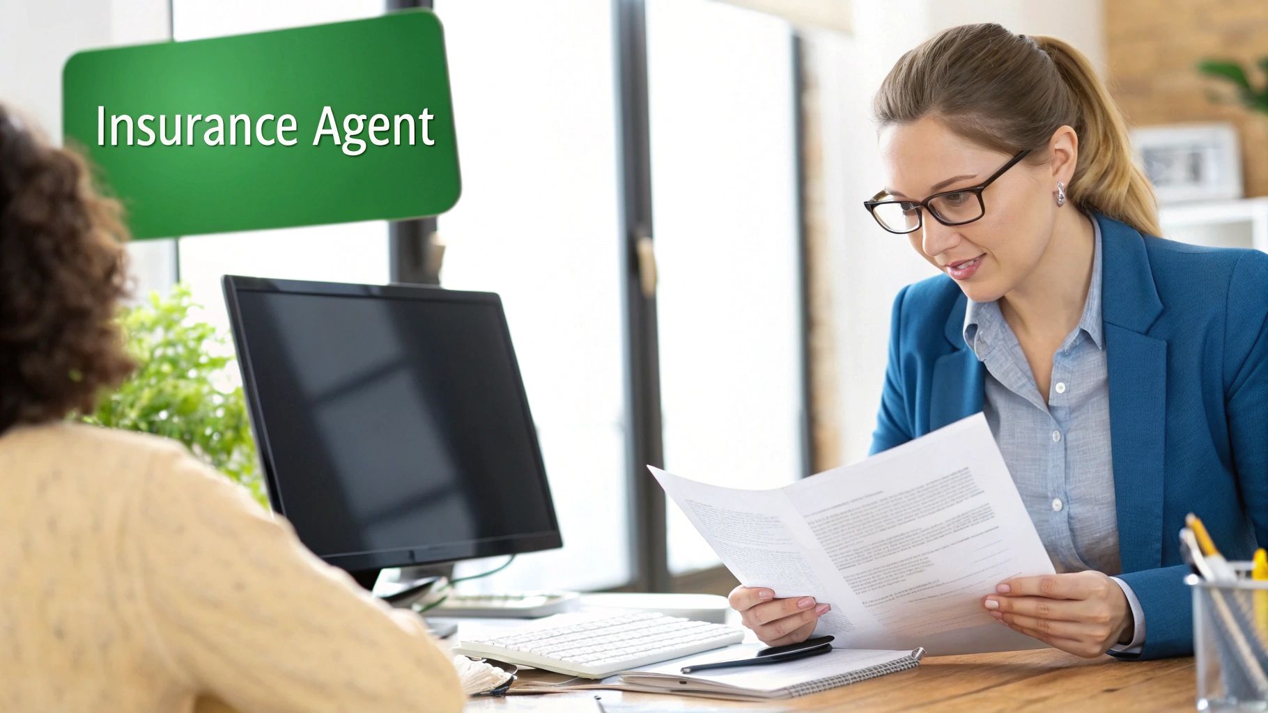 An insurance agent discusses policy options with a client in an office.