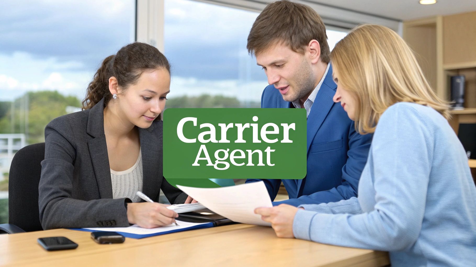 An insurance agent presenting policy documents to a couple inside an office.