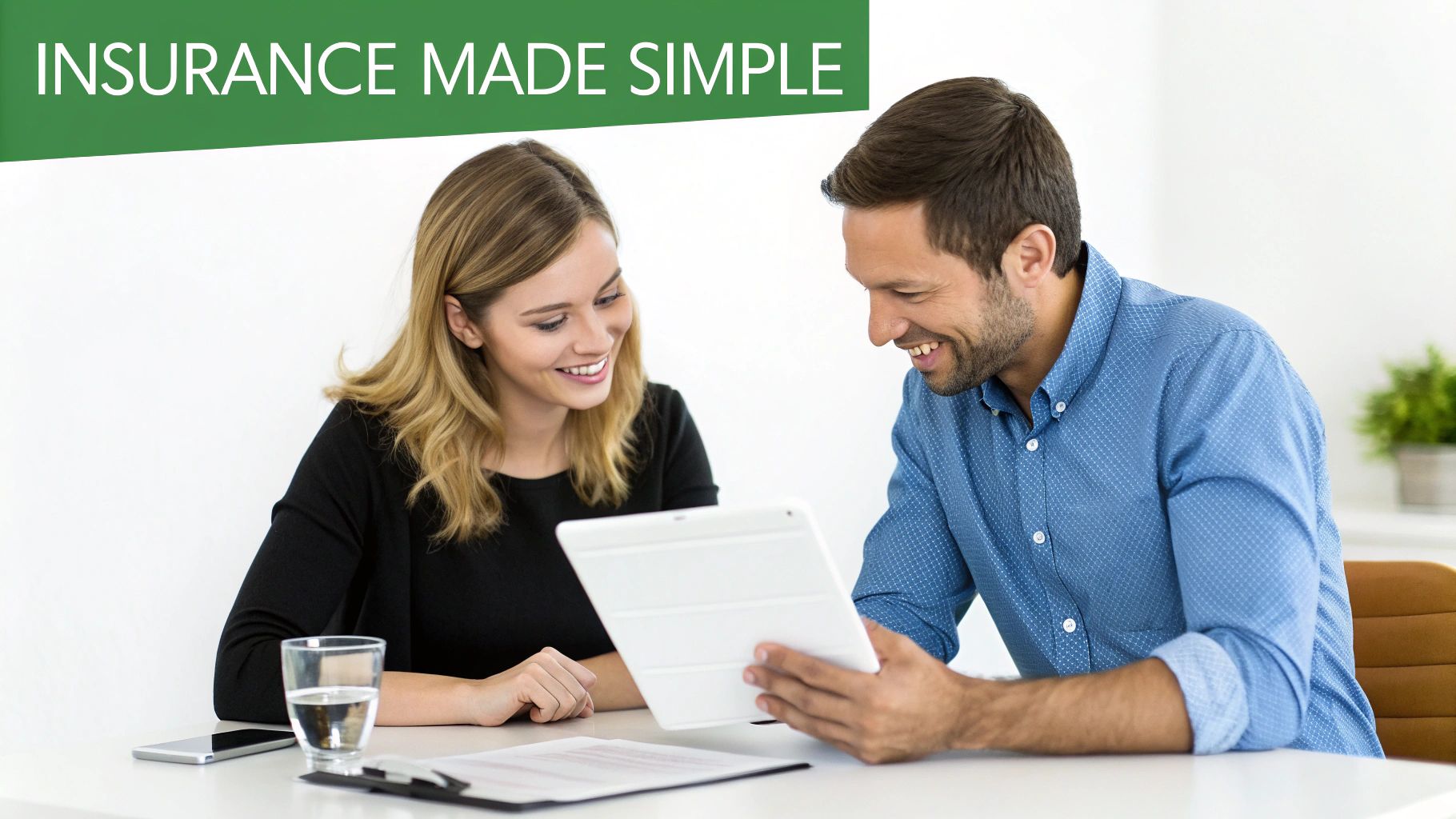 Two happy people, a man and a woman, smiling while discussing information on a digital tablet.