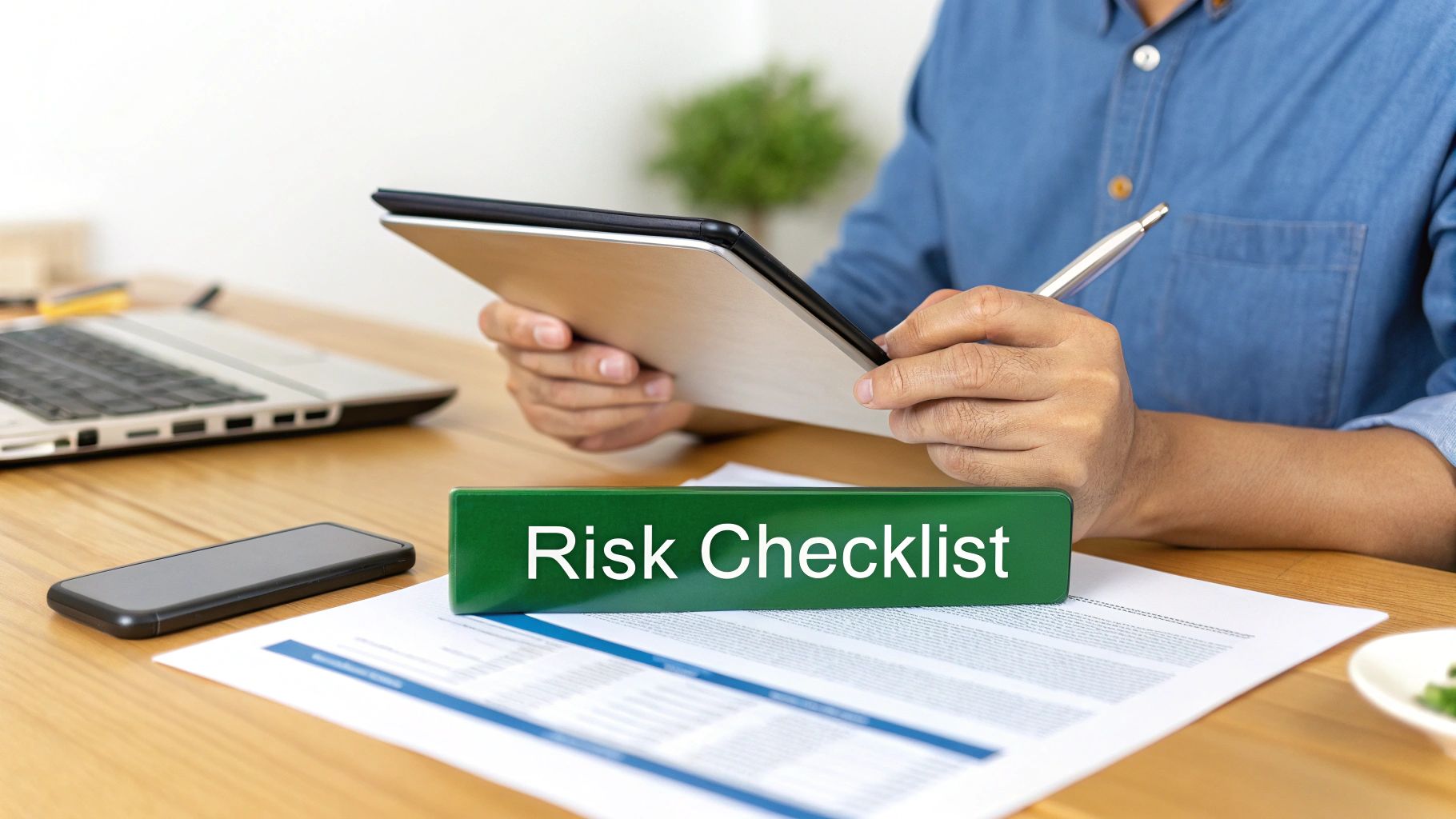 A man reviews a risk checklist on a tablet, holding a pen at a tidy office desk.
