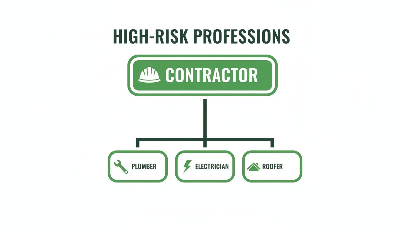Diagram showing high-risk contractor professions, including plumber, electrician, and roofer with their icons.