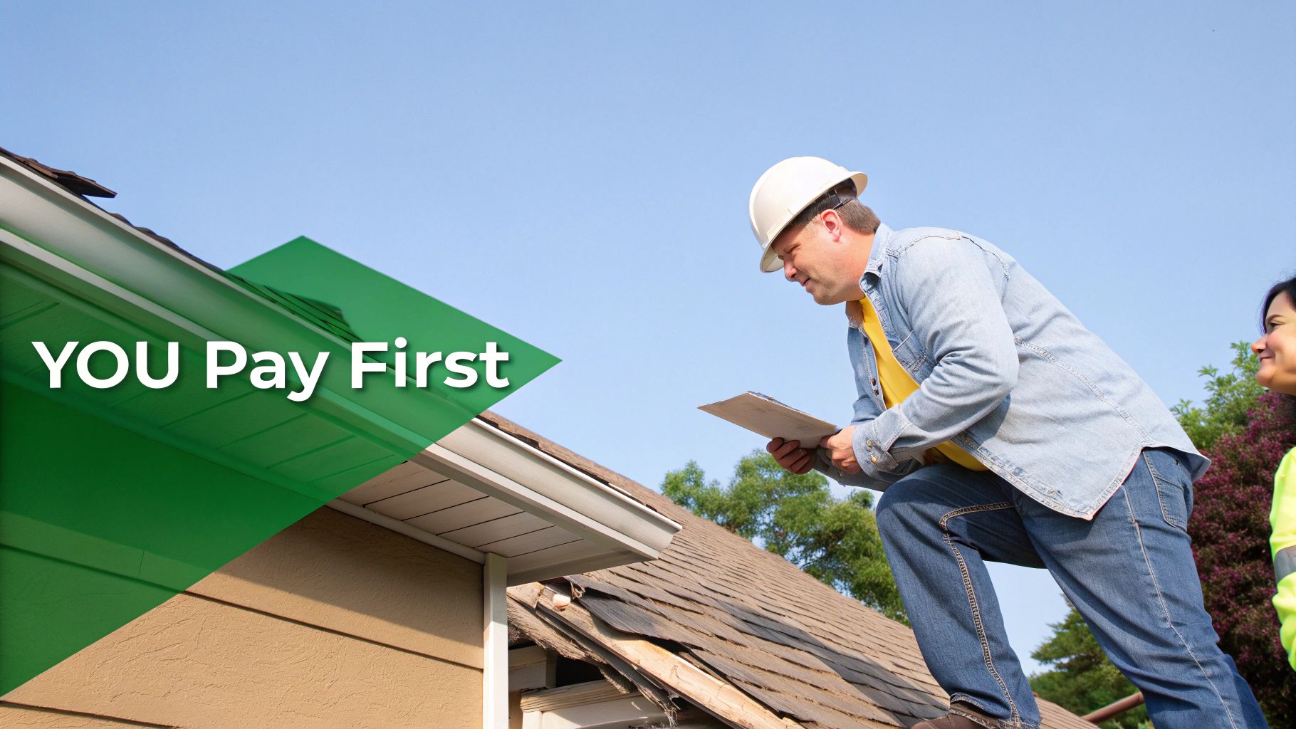 A man in a hard hat inspects a damaged roof with a clipboard, next to a woman. Overlay text: YOU Pay First.