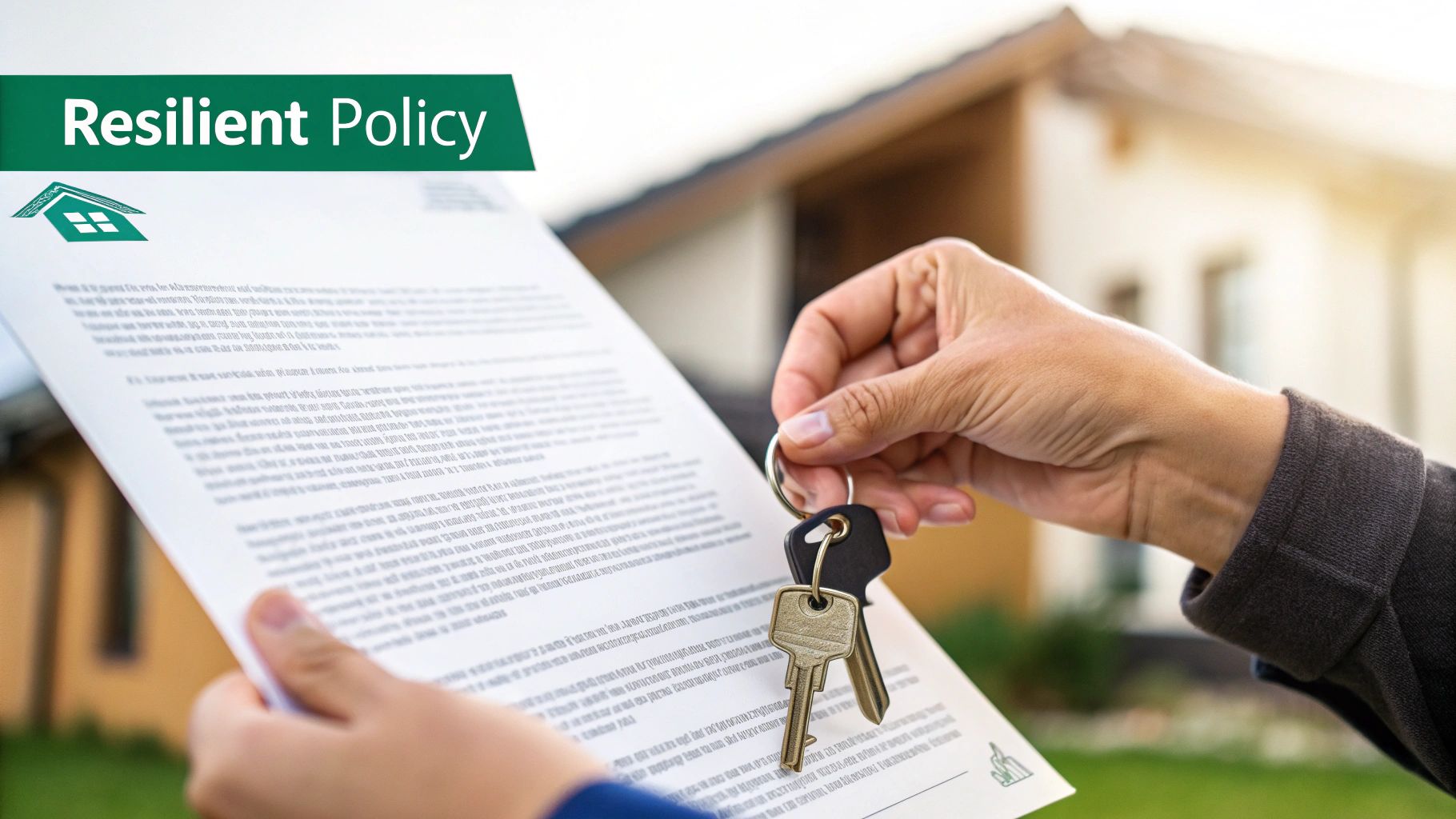 Hands holding a home policy document and house keys with a blurred house in the background, labeled 'Resilient Policy'.