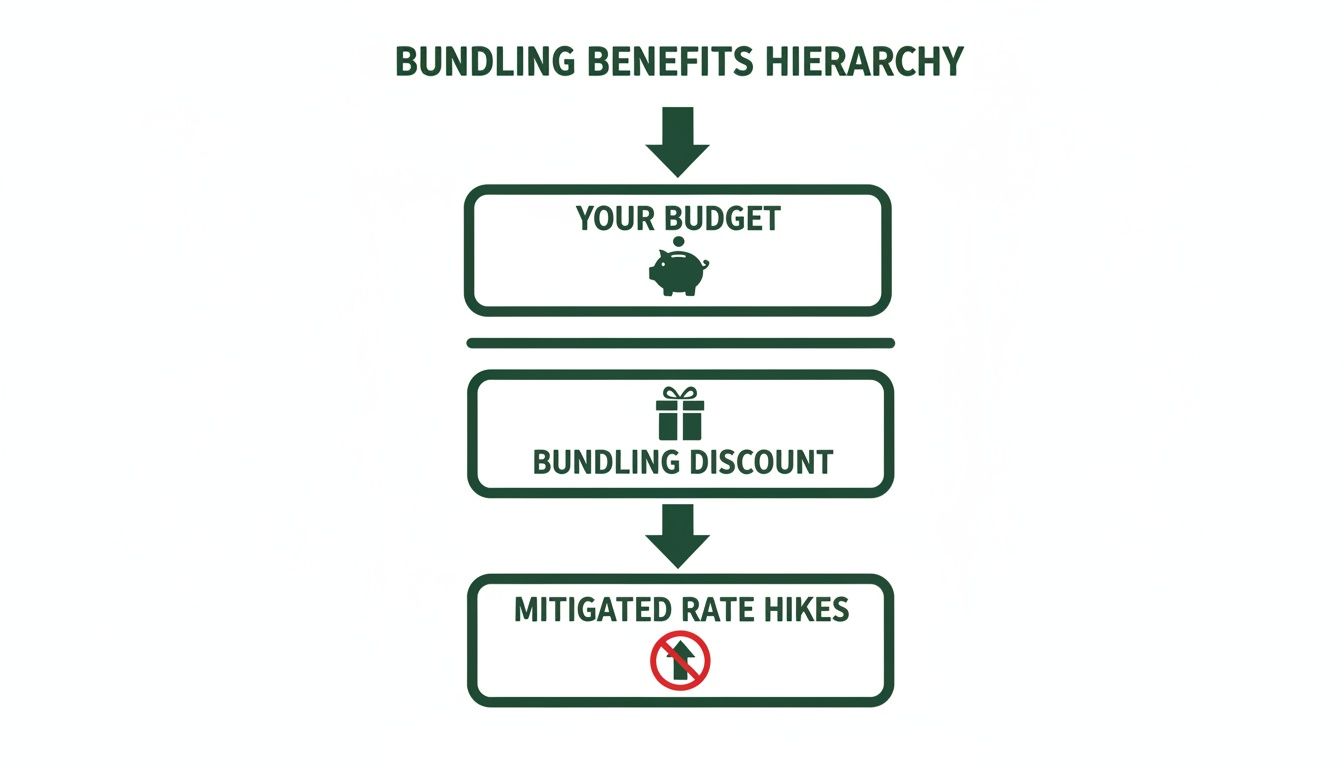 Hierarchy illustrating how bundling benefits your budget, offers discounts, and mitigates rate hikes.