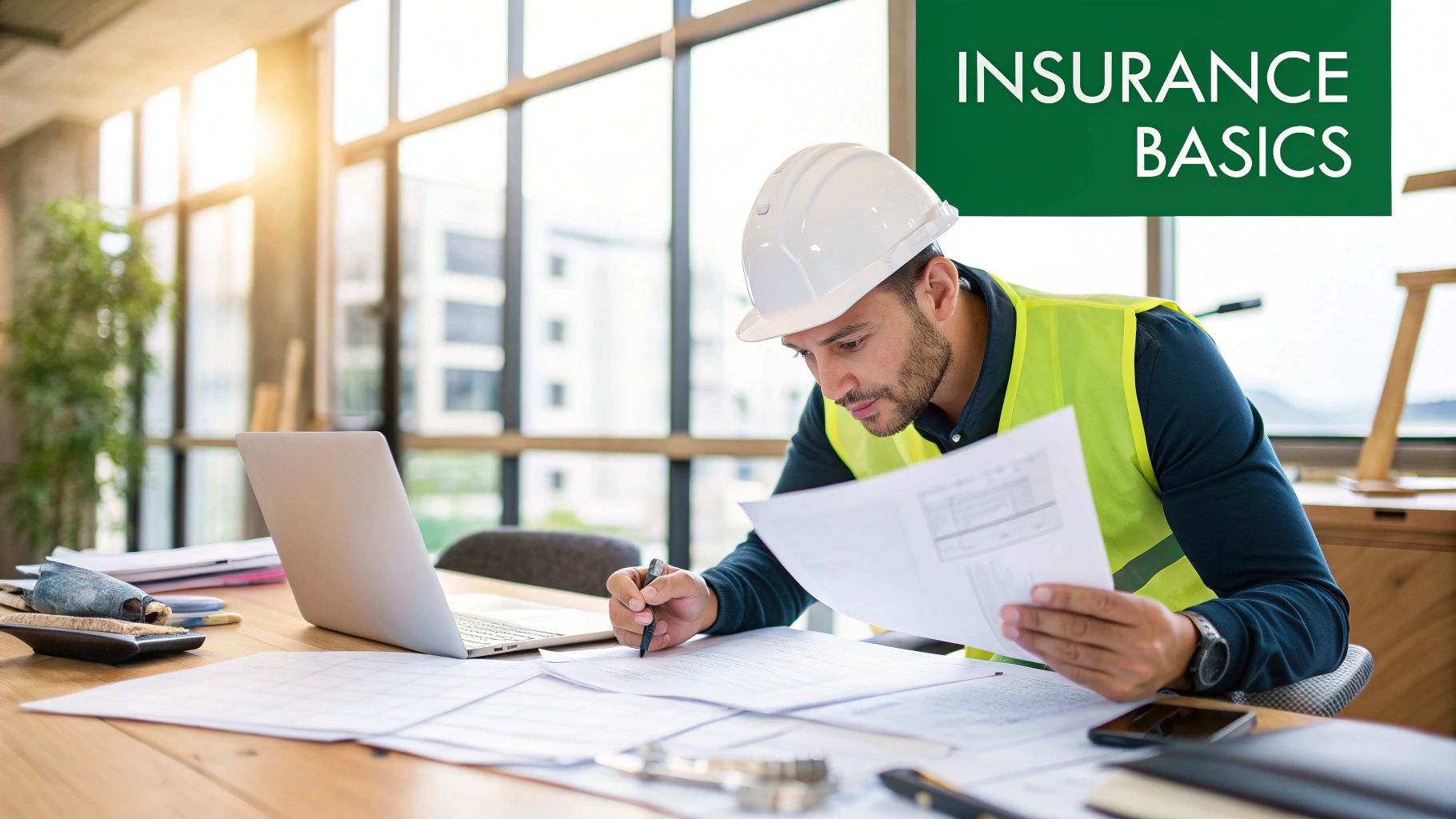 A general contractor reviewing insurance documents on a construction site.
