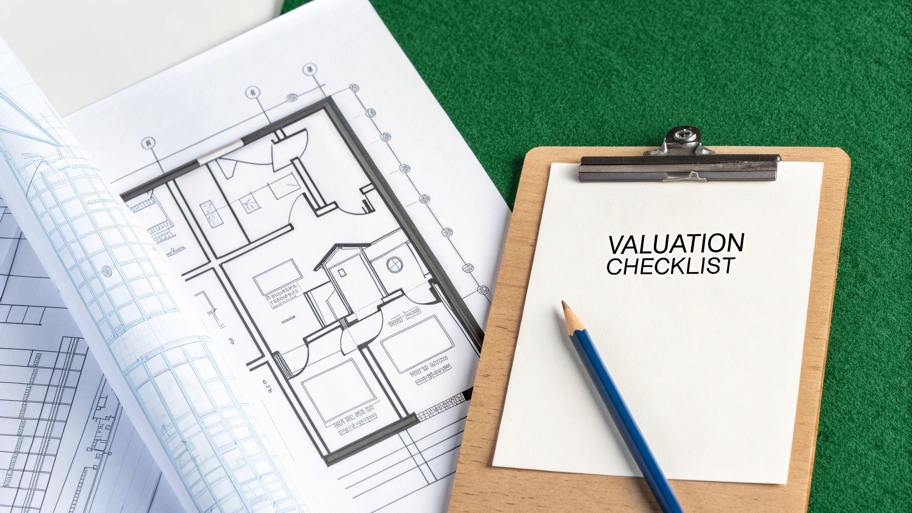 Architectural blueprints and a 'Valuation Checklist' on a clipboard with a pencil, on a green background.