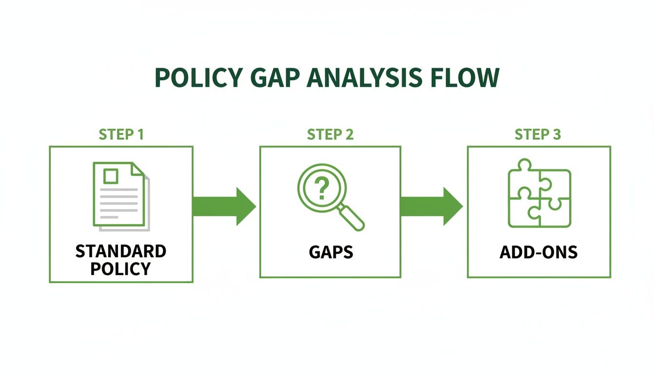 A three-step flowchart illustrating policy gap analysis flow, from standard policy to identifying gaps and add-ons.
