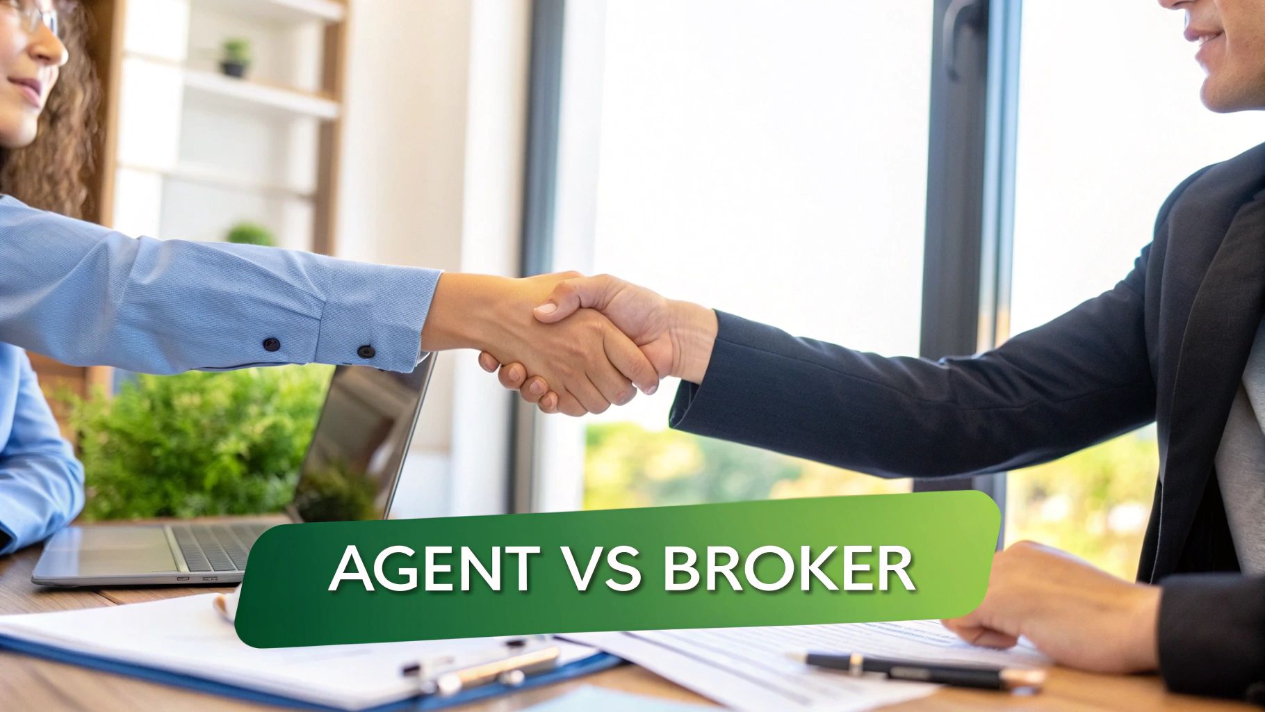 A magnifying glass hovering over two figures, representing the detailed examination of the difference between an insurance agent and a broker.