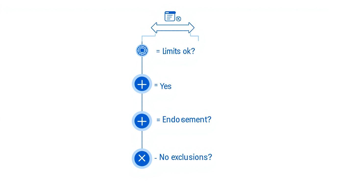 A flowchart detailing steps for assessing insurance limits, endorsements, and exclusions.