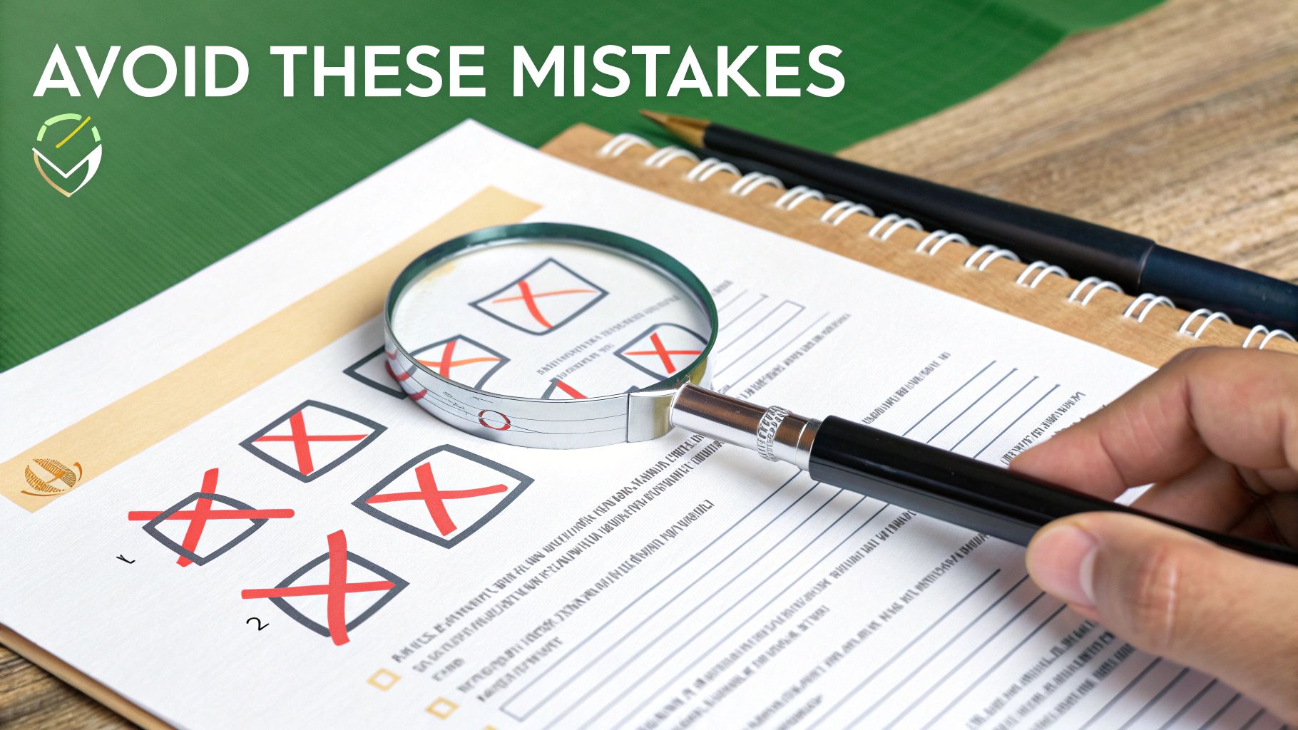 A hand with a pen reviews a document, marking errors with red Xs, magnified, illustrating avoiding mistakes.