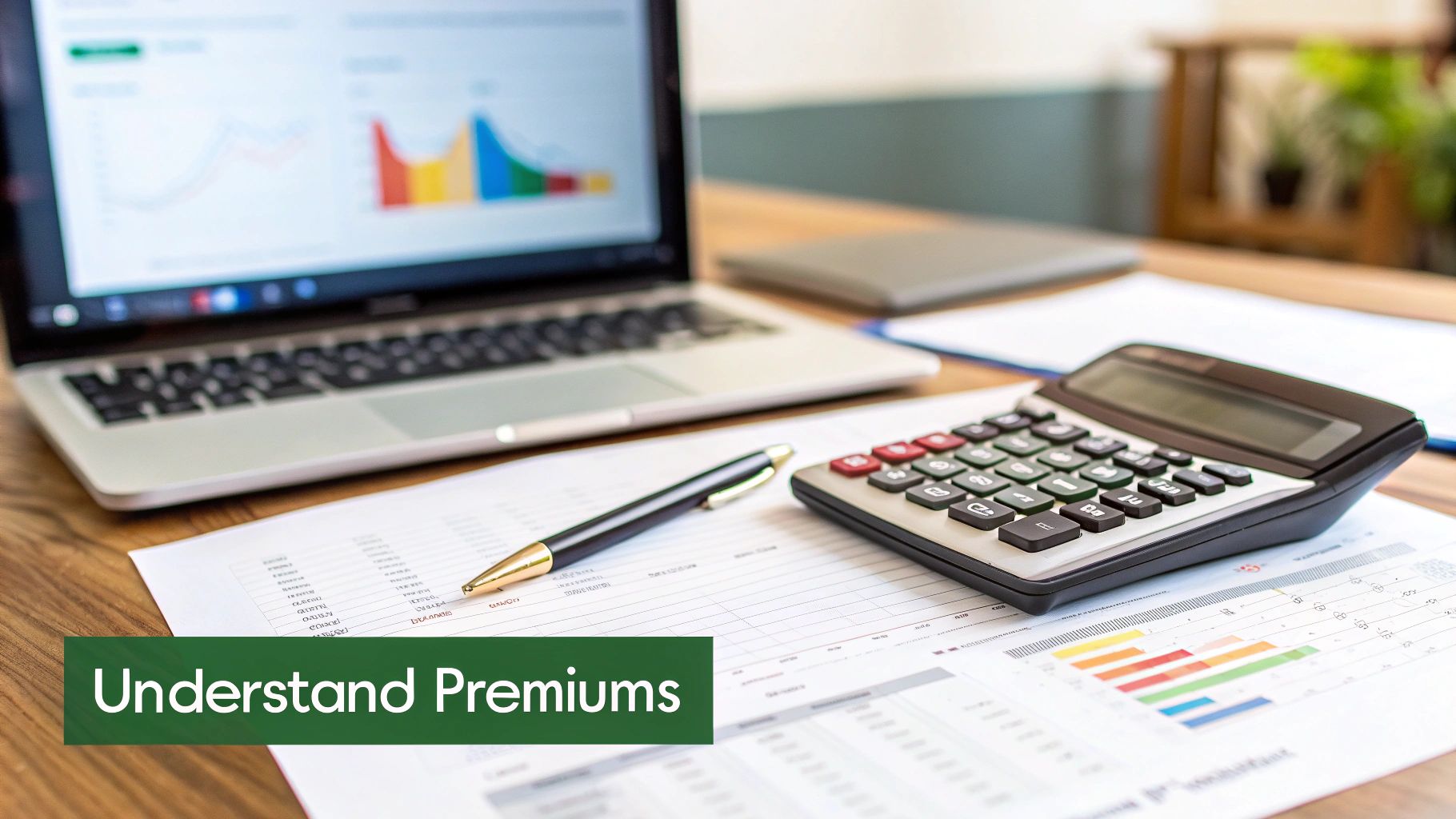 Financial desk with a laptop, calculator, pen, and documents, emphasizing 'Understand Premiums'.