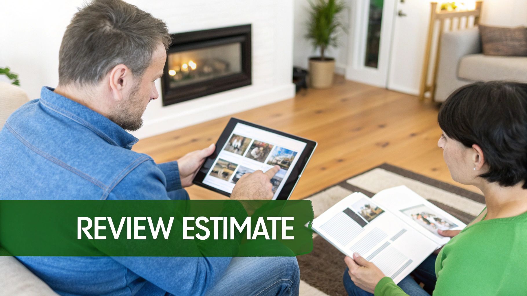 A couple reviewing an estimate together, the man on a tablet and the woman with a book.