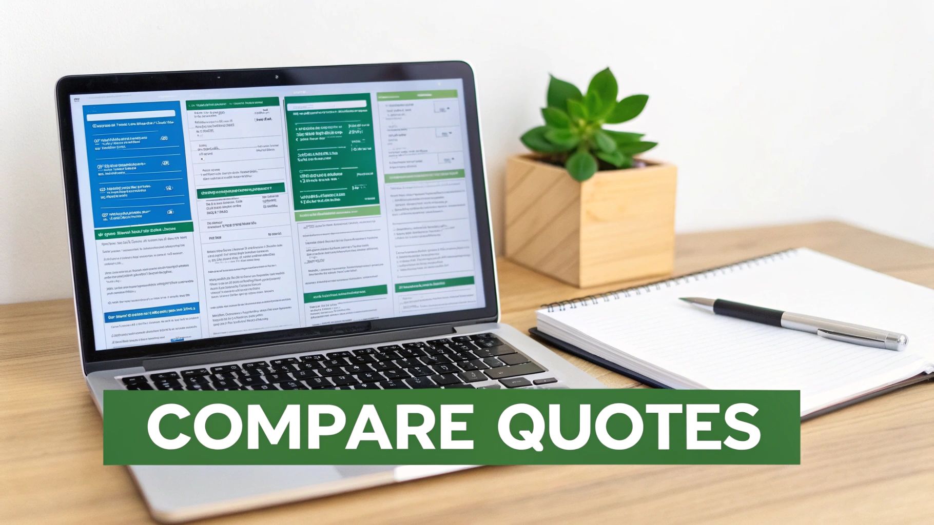 Laptop displaying quotes, a plant, notebook, and pen on a desk with a 'COMPARE QUOTES' banner.