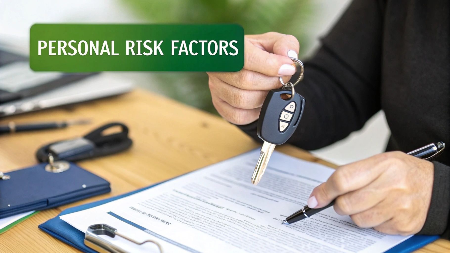 Person holding car keys over a document, likely signing for car insurance or purchase.