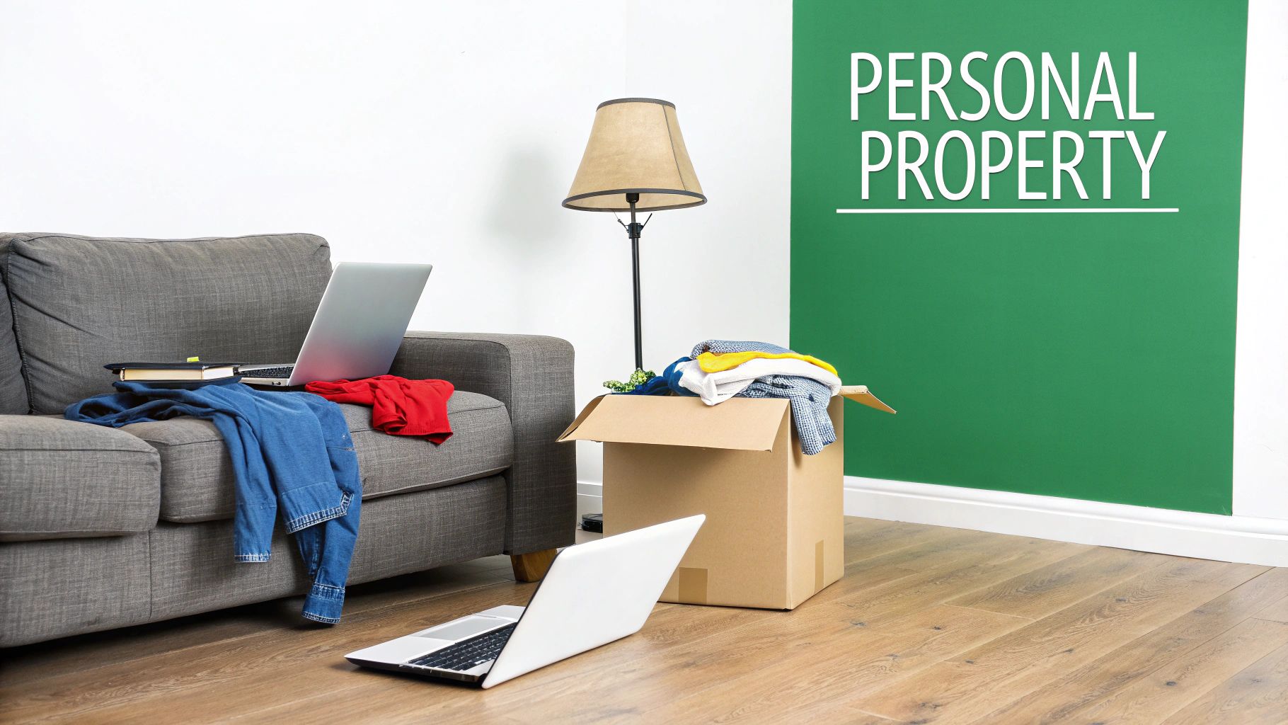A room with a sofa, laptops, clothes, and a moving box, with 'PERSONAL PROPERTY' written on a green wall.