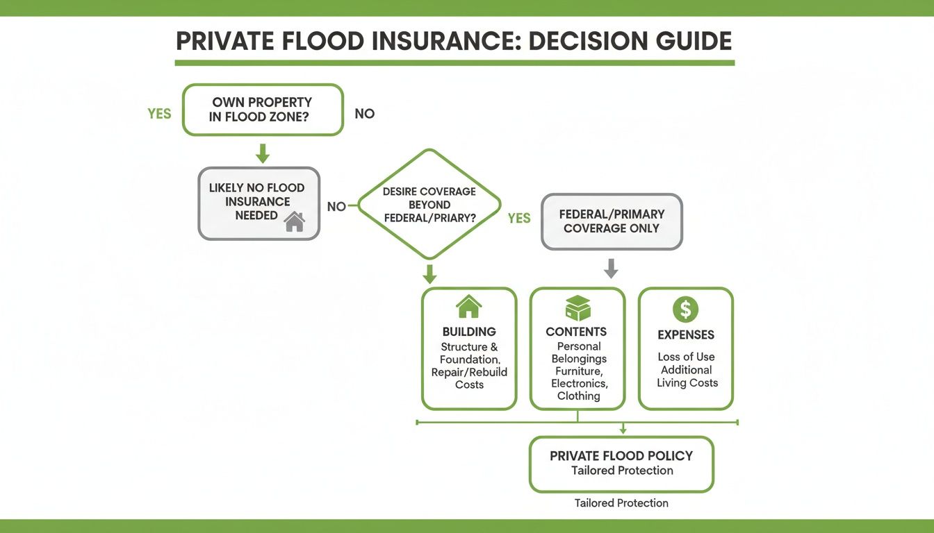 Decision guide flowchart illustrating the process for choosing private flood insurance coverage options.